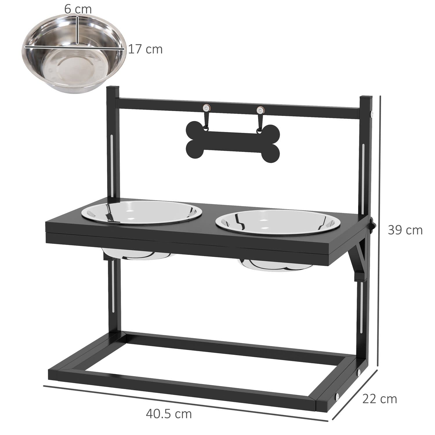 Height-Adjustable Dog Feeder Stand in Black with Two Stainless Bowls - image 5