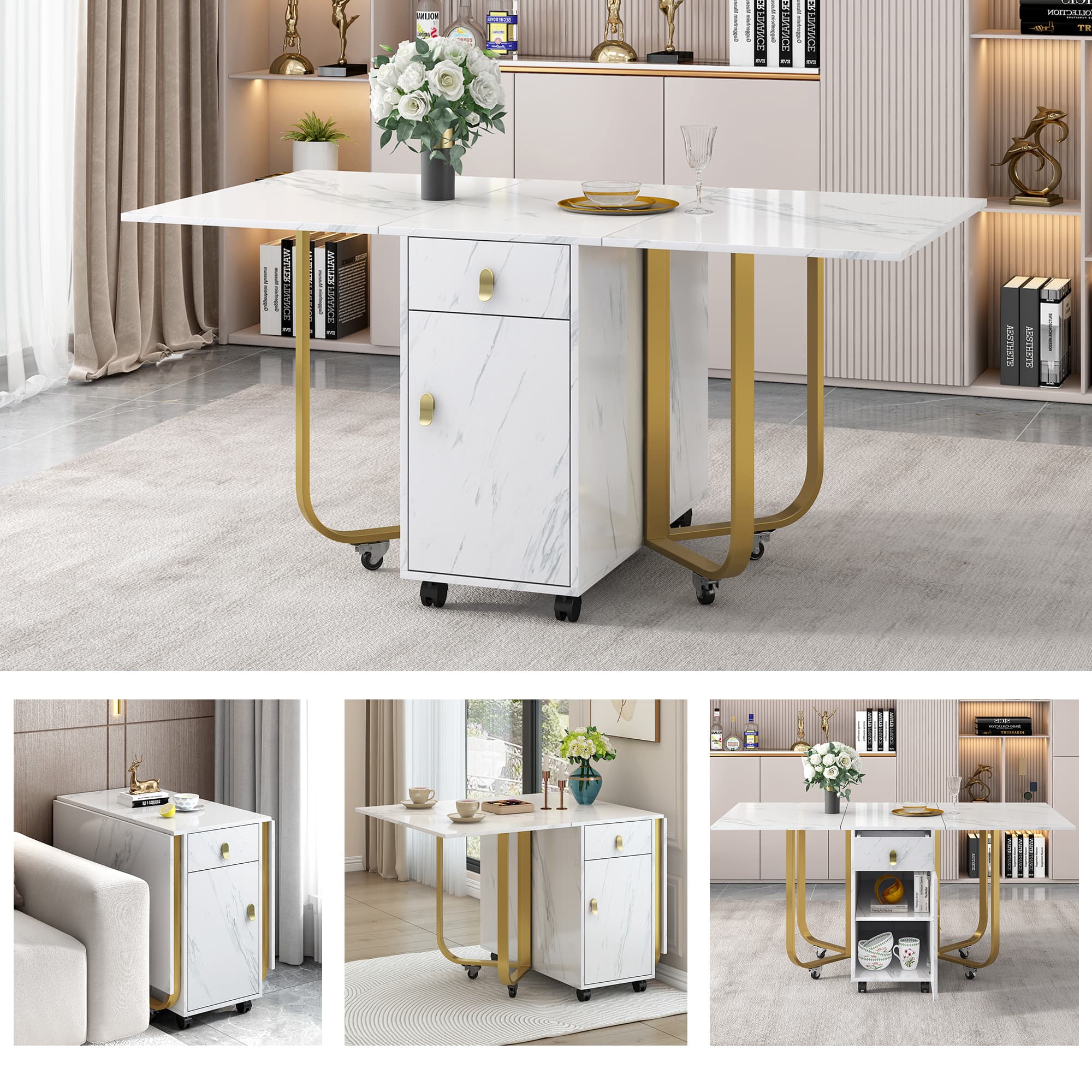 Space-Saving Folding Dining Table with Elegant Gold Details - image 2