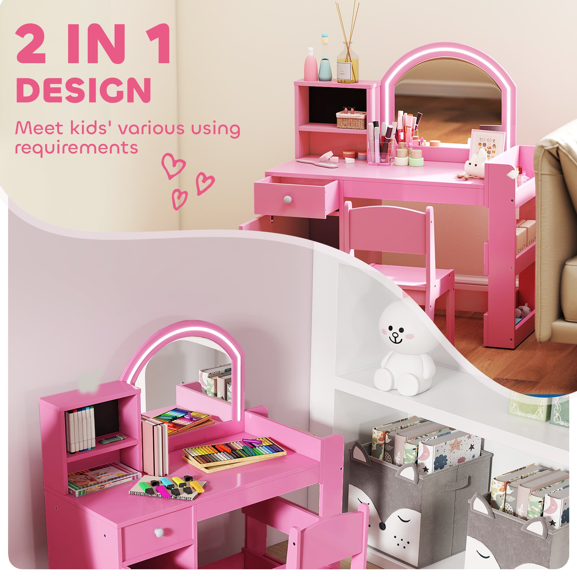 Girls Dressing Table Set with LED Mirror and Storage - image 5