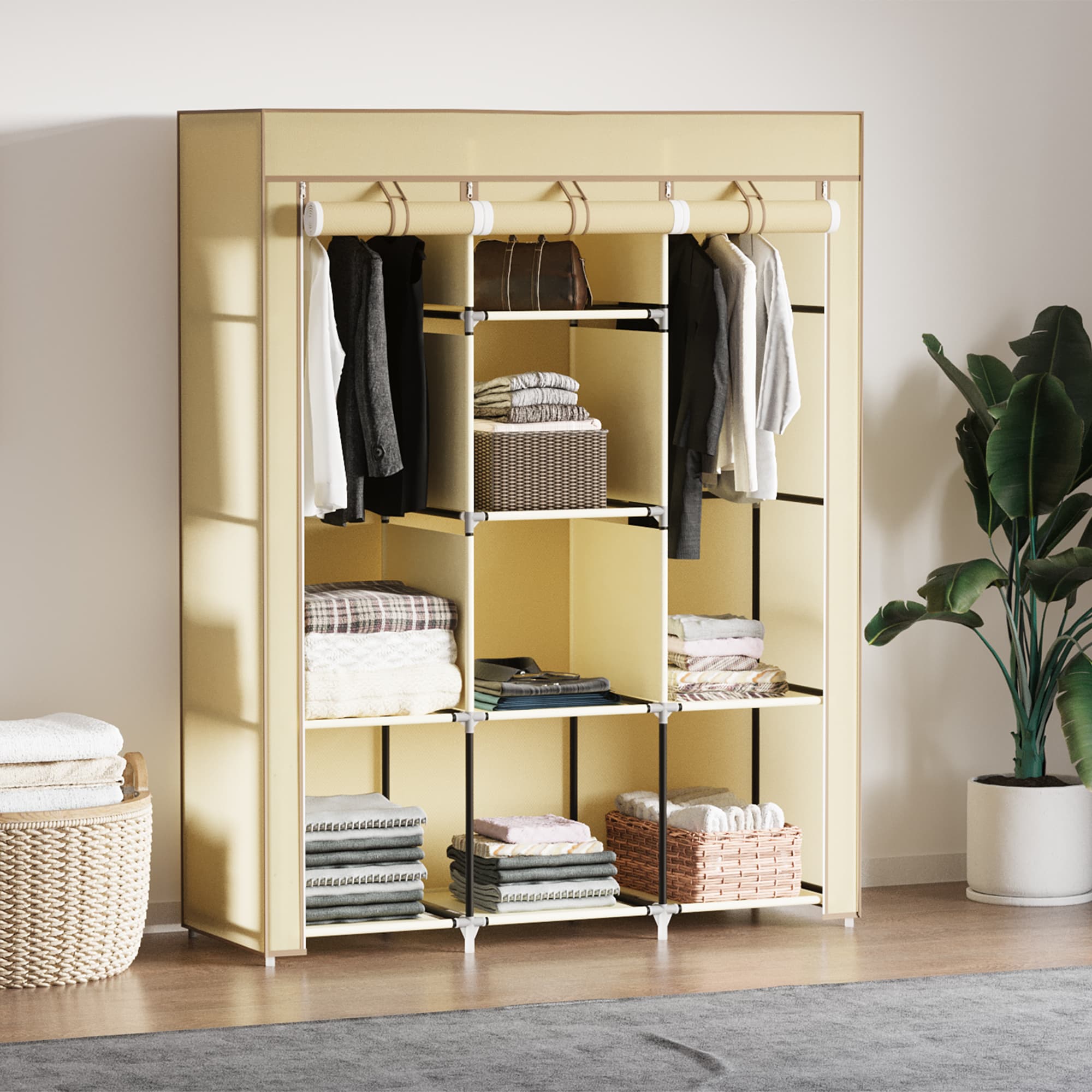 Beige Fabric Wardrobe for Hanging and Folded Storage - image 5