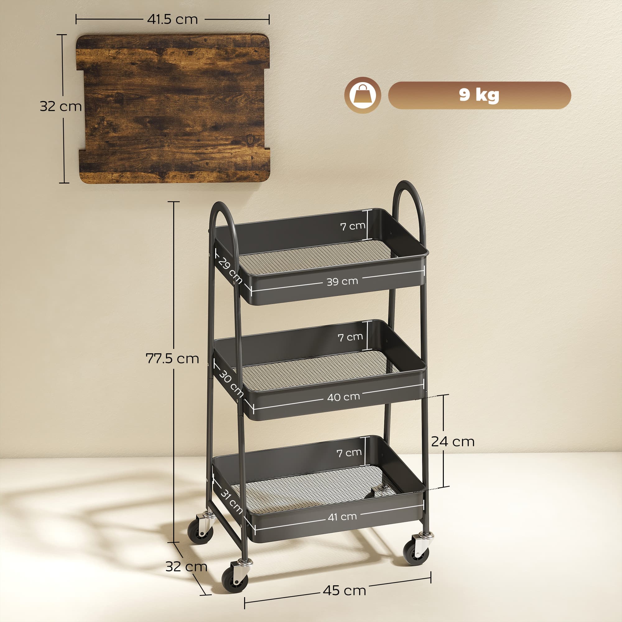 3-Tier Rustic Brown and Black Kitchen Storage Trolley - image 3