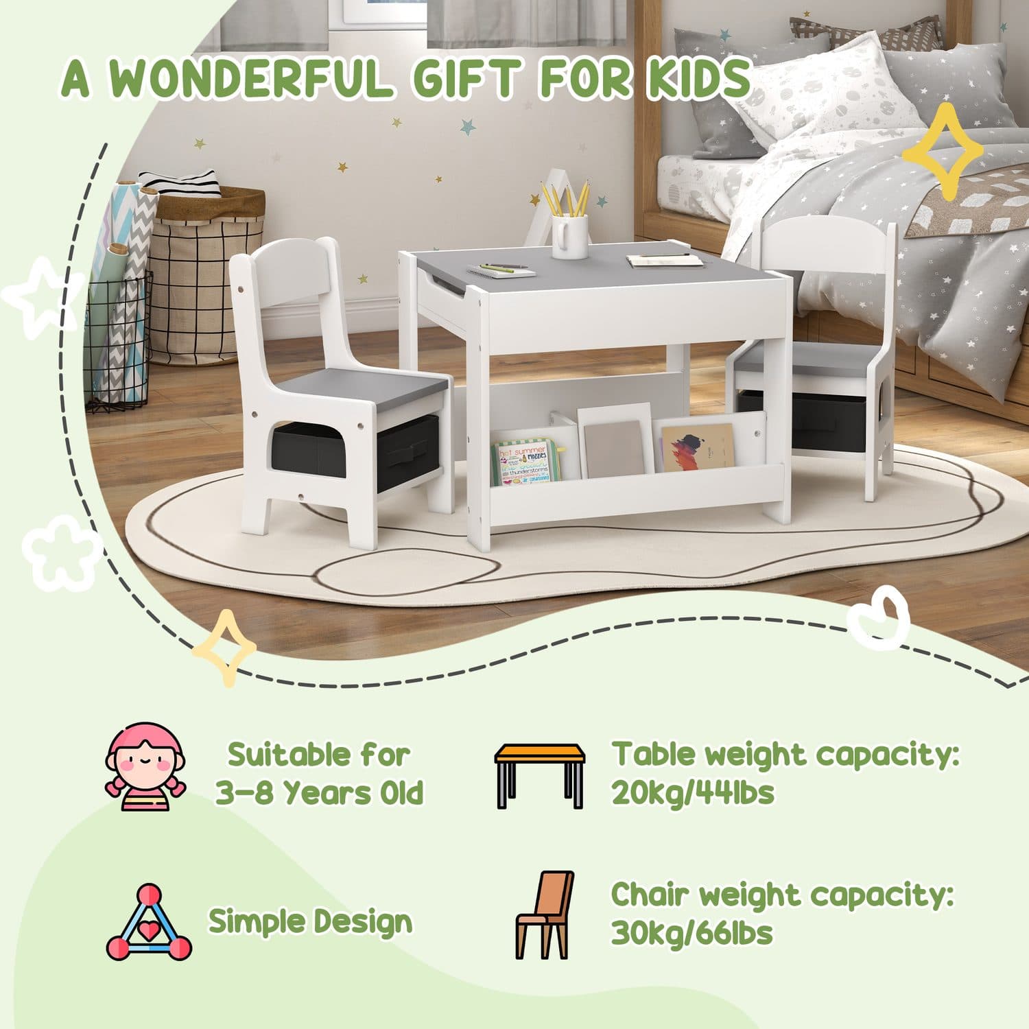 Three-Piece Children's Table and Chair Set with Chalkboard Top - image 1
