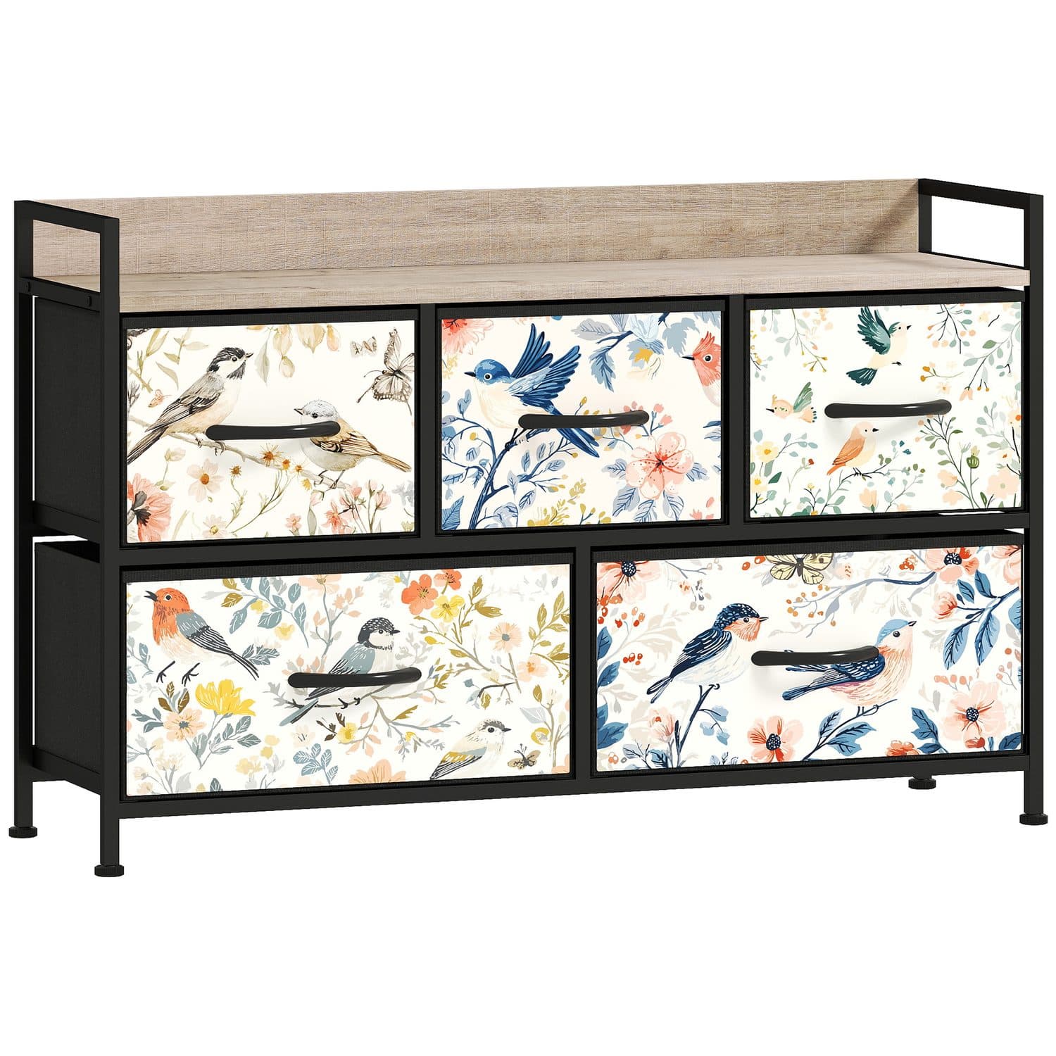 White 5-Drawer Chest with Patterned Detail - Multicoloured