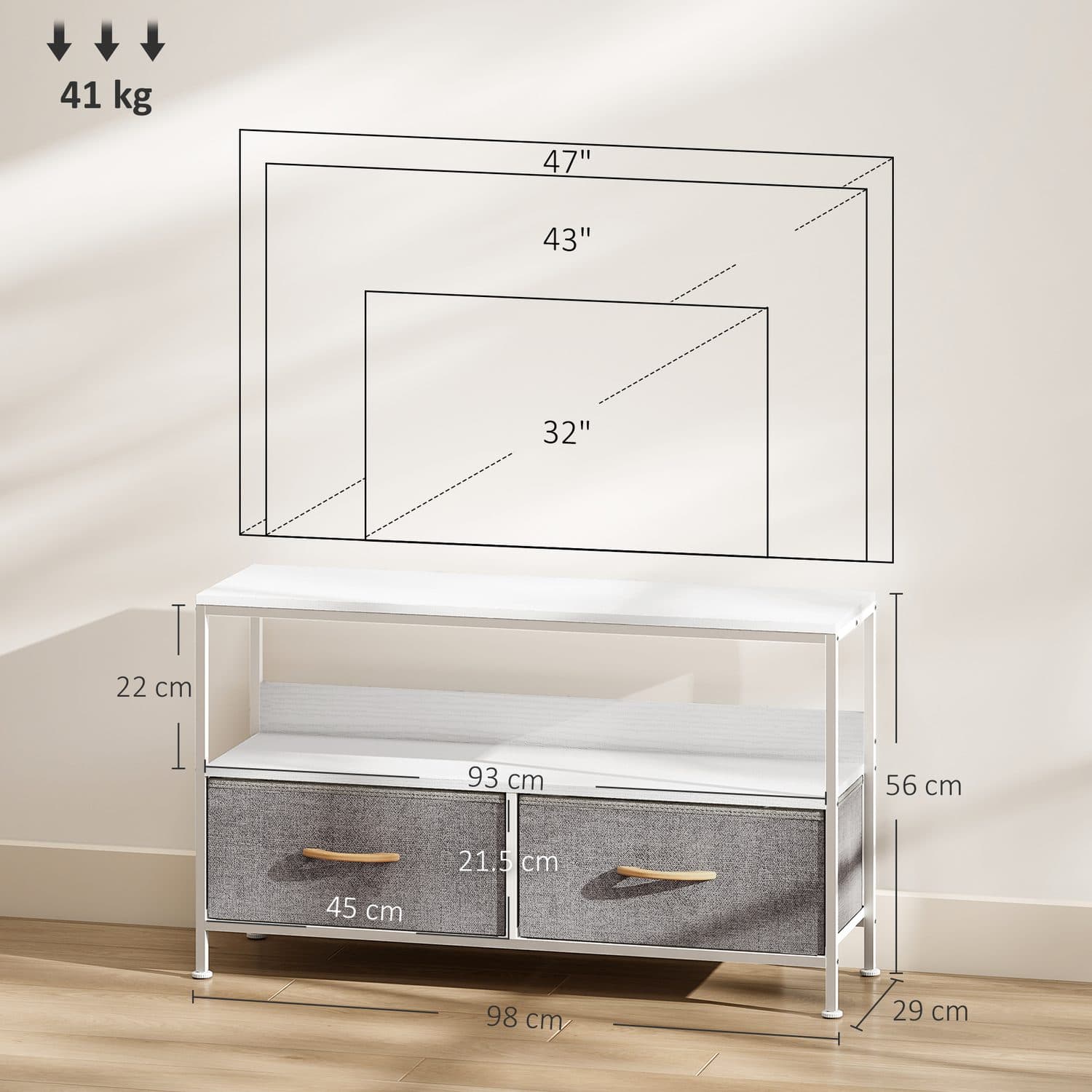 Compact TV Stand with Grey Fabric Drawers and Open Shelf - image 1
