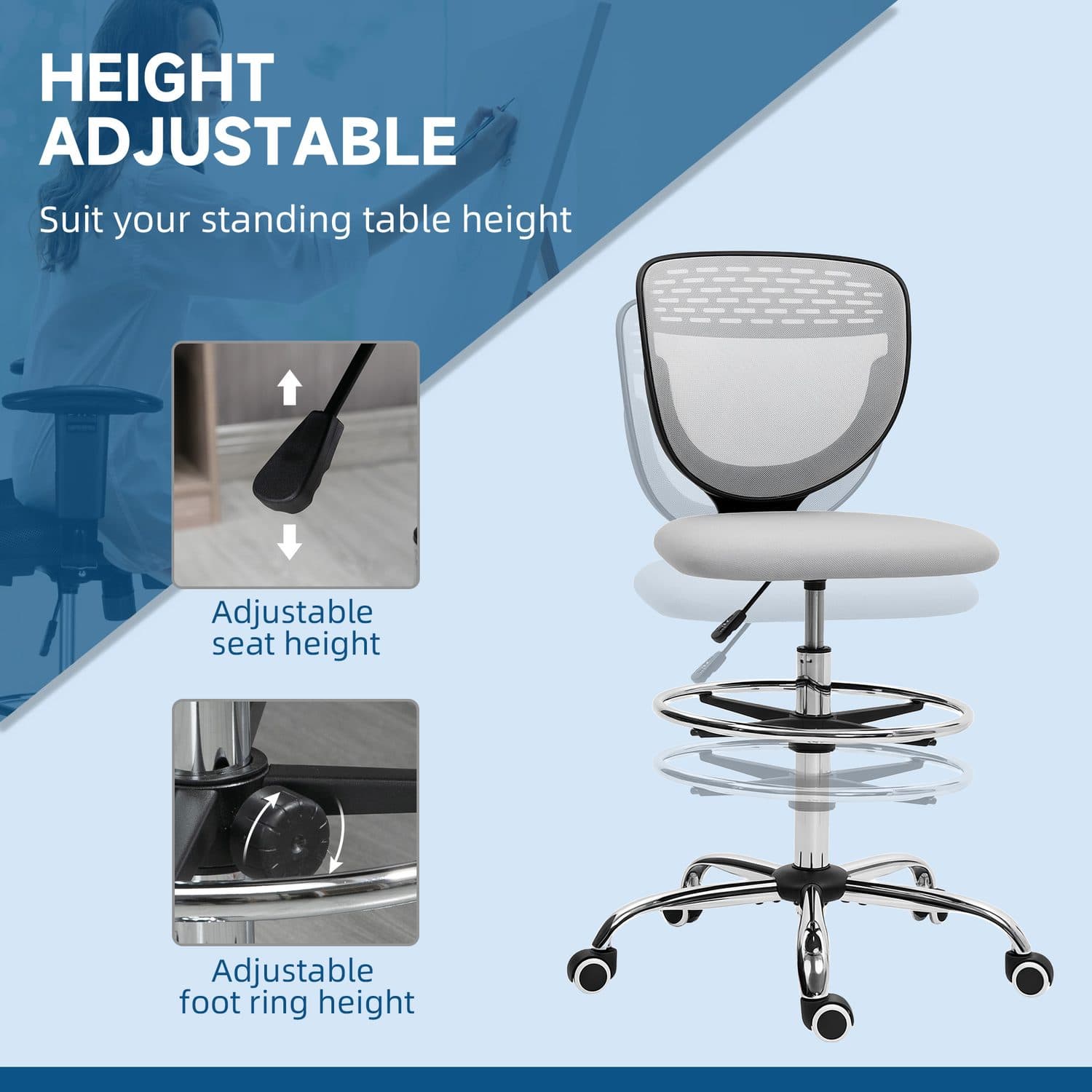 Ergonomic Light Grey Draughtsman Chair for Tall Desks - image 4
