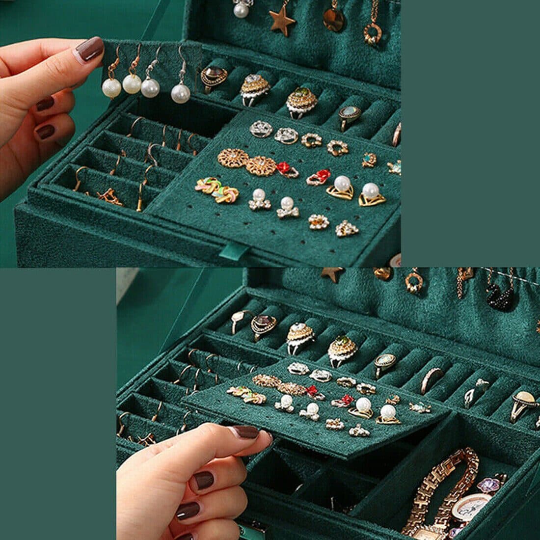 Large Green Velvet Jewellery Box With Necklace Hooks - image 5