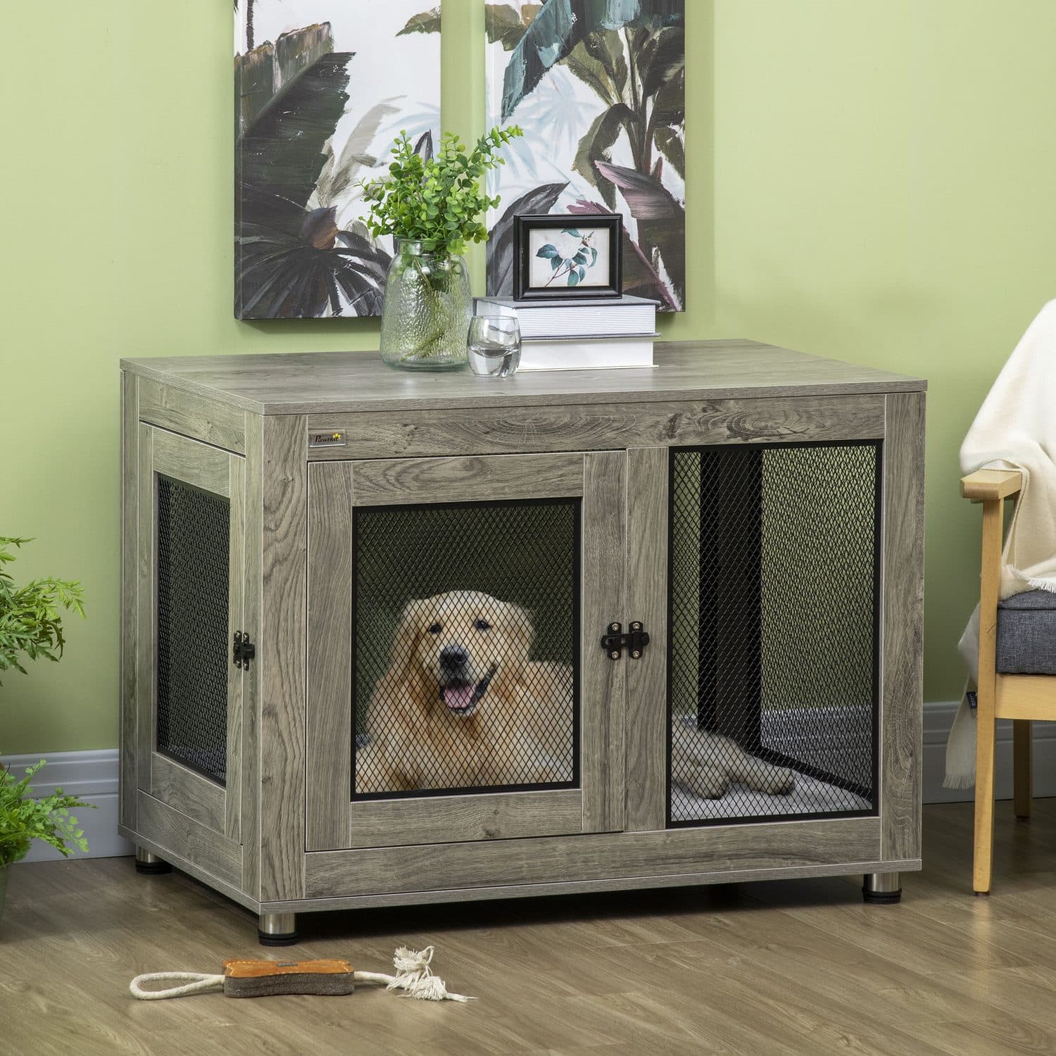 Dog Cage and Side Table in One, Double Door, Grey Wood Finish - image 2