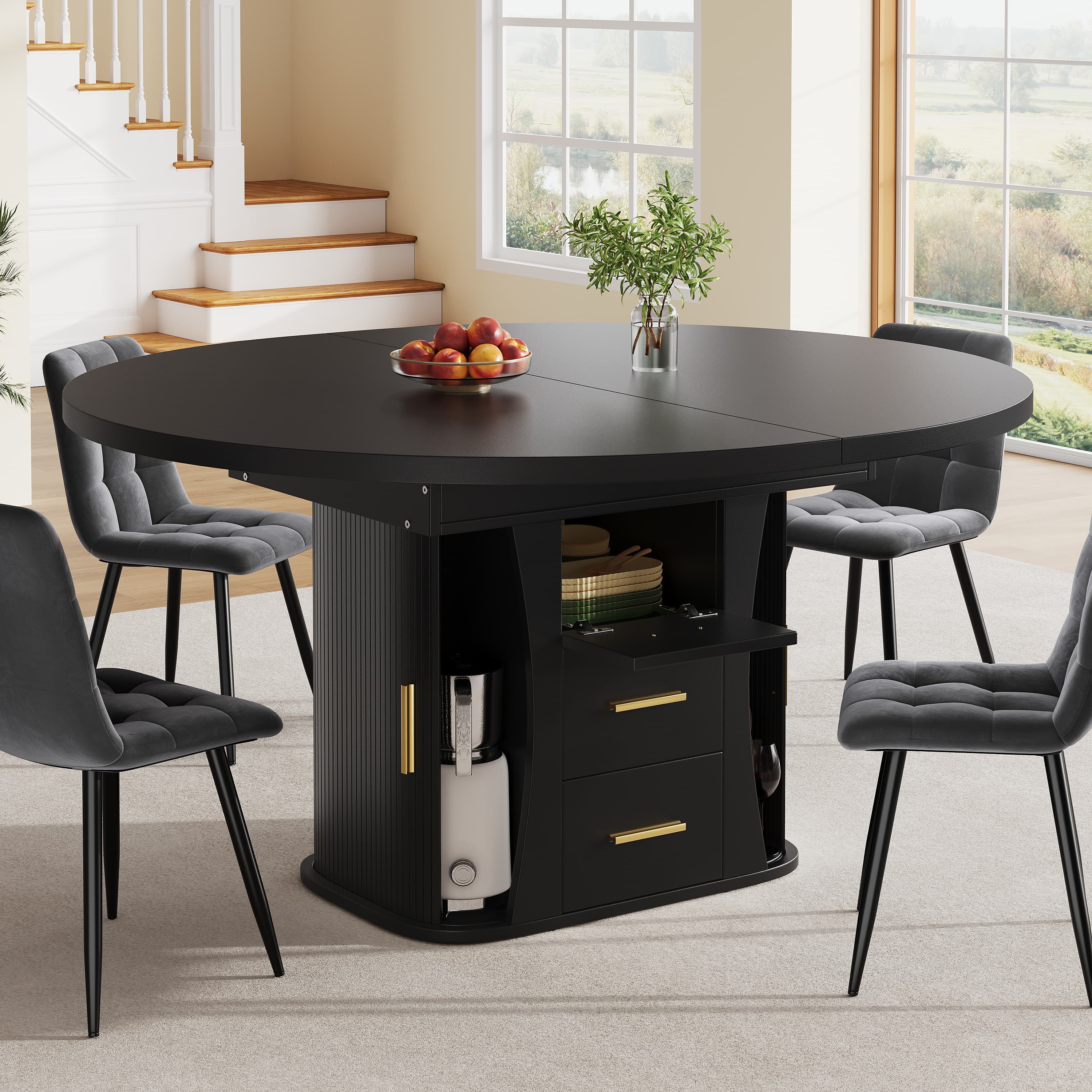 Extendable Round to Oval Black Dining Table for 6 People - image 1