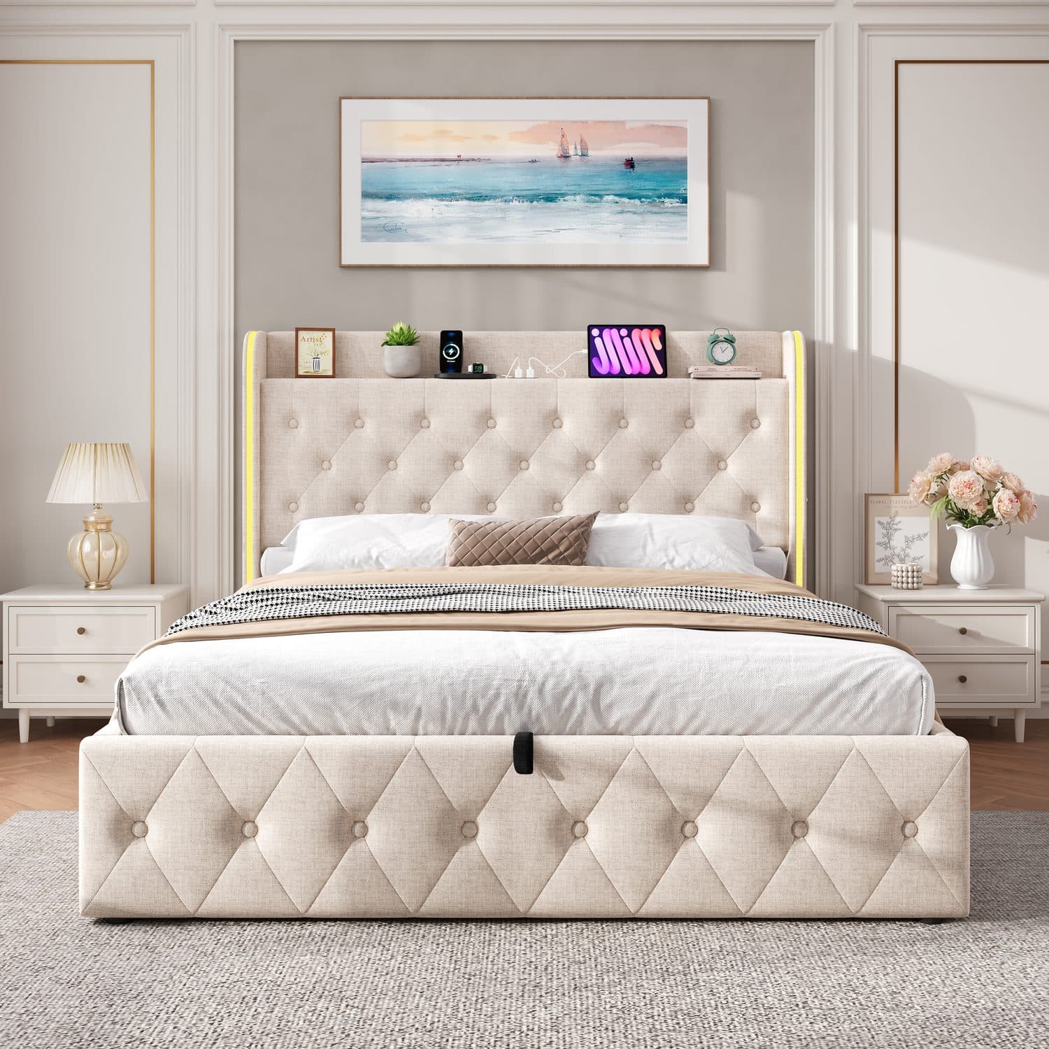 Beige Linen Double Ottoman Bed with Smart LED Headboard - image 2