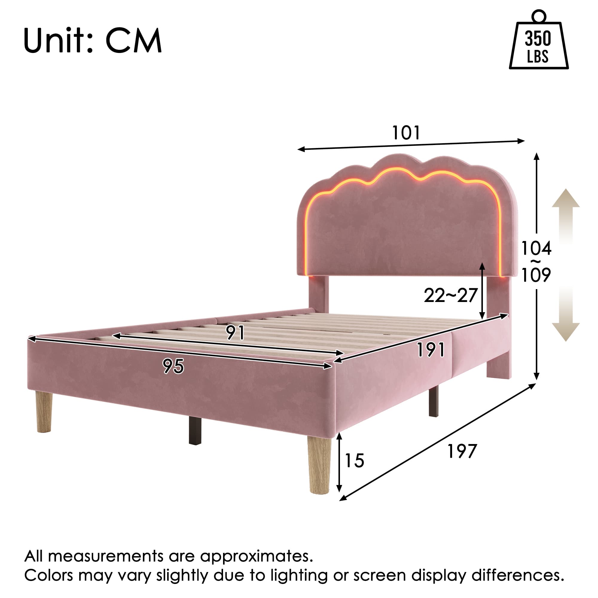 Pink Velvet Bed & LED Headboard - image 4