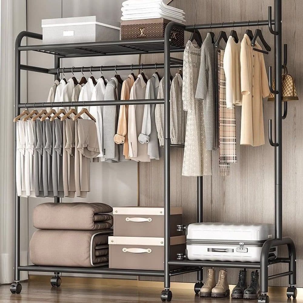 Two hanging rails, a shelf, and wheels — all in black steel - Default