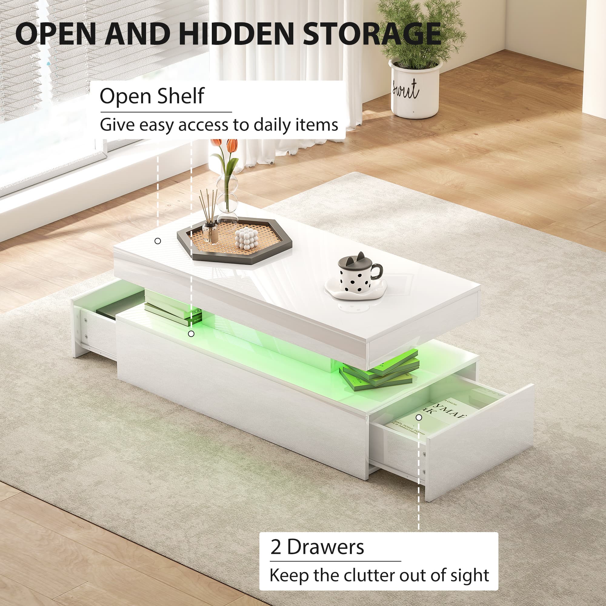 High Gloss White Coffee Table with LED Lighting and Storage - image 5