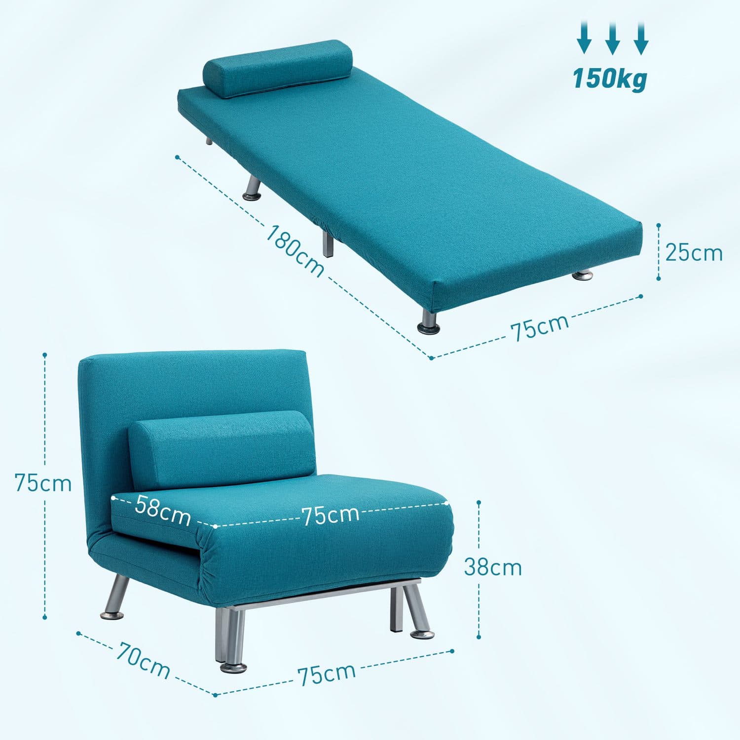 Single Chair Bed in Teal Linen-Feel Fabric with Adjustable Back - image 4