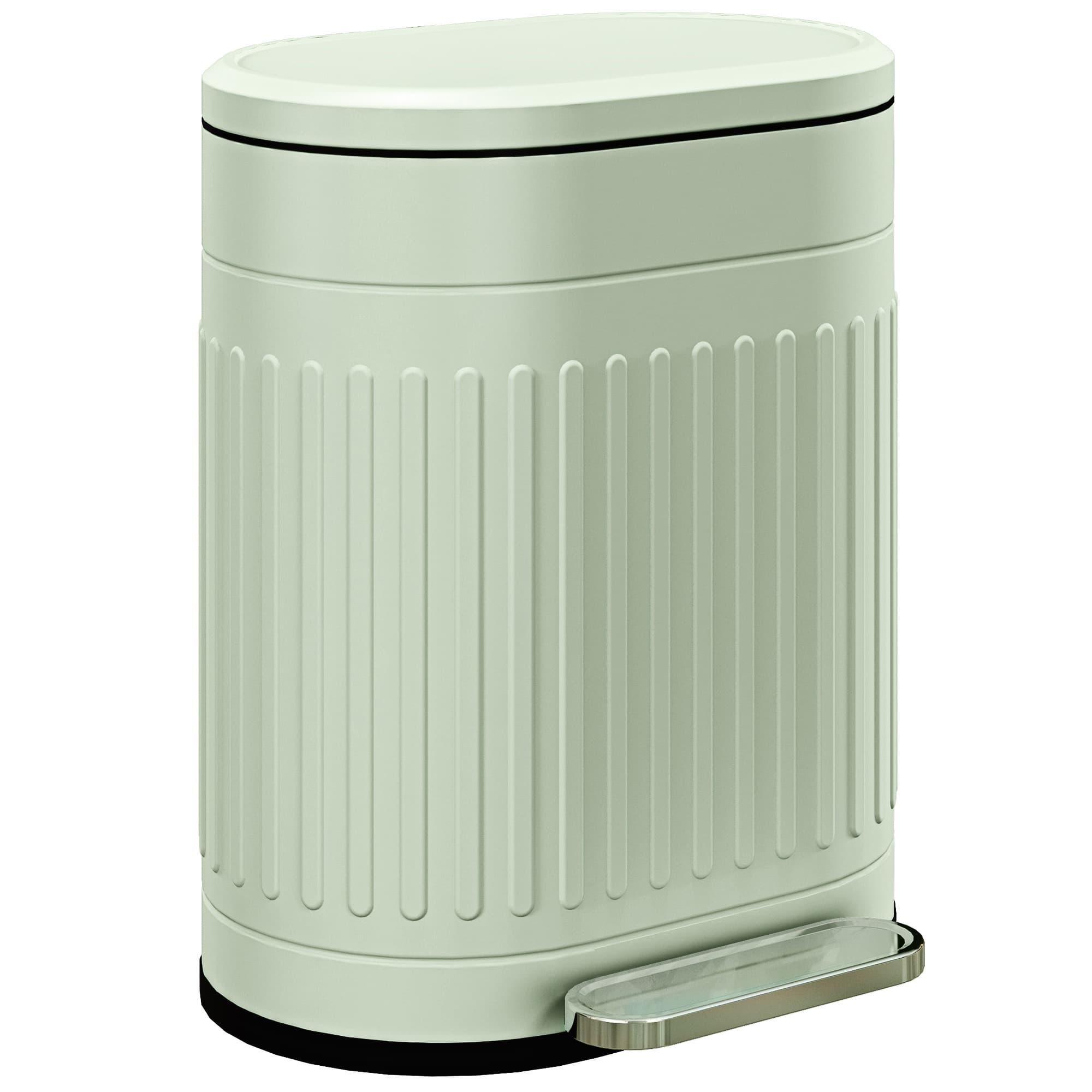 A ribbed sage green metal pedal bin with a quiet soft-close lid