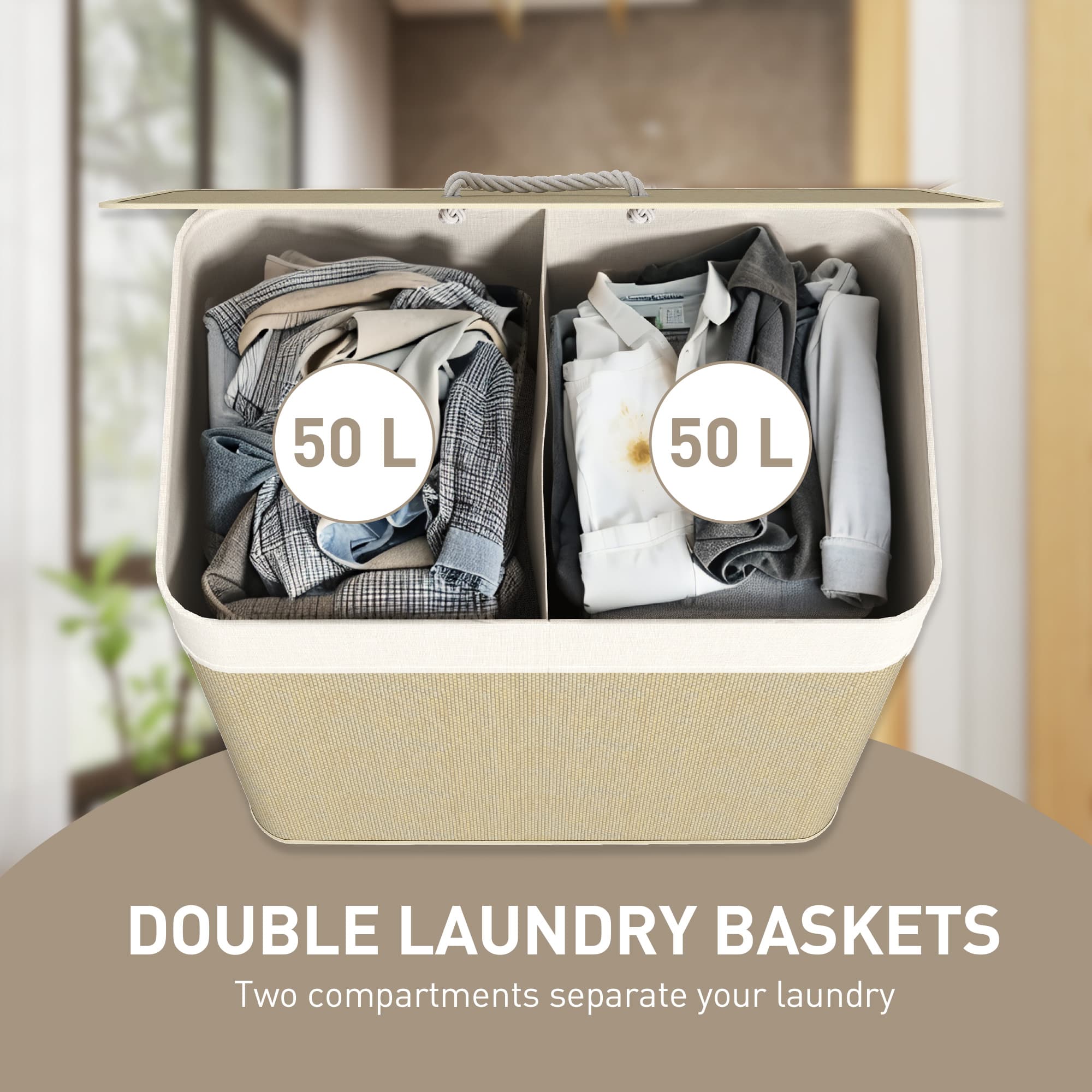 Double Laundry Hamper with Lid, 100L and Rope Handles - image 4