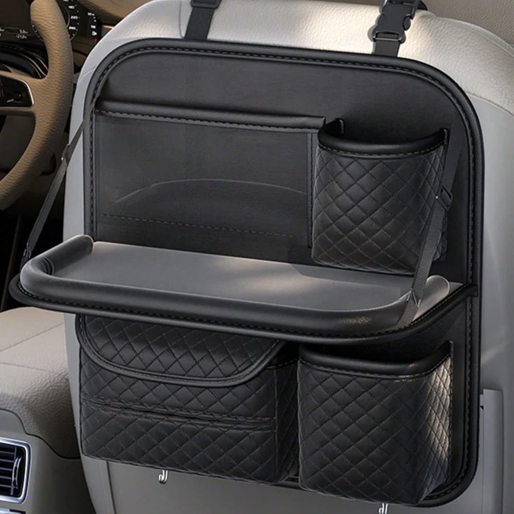 Black leather car back seat organiser with folding tray - image 2