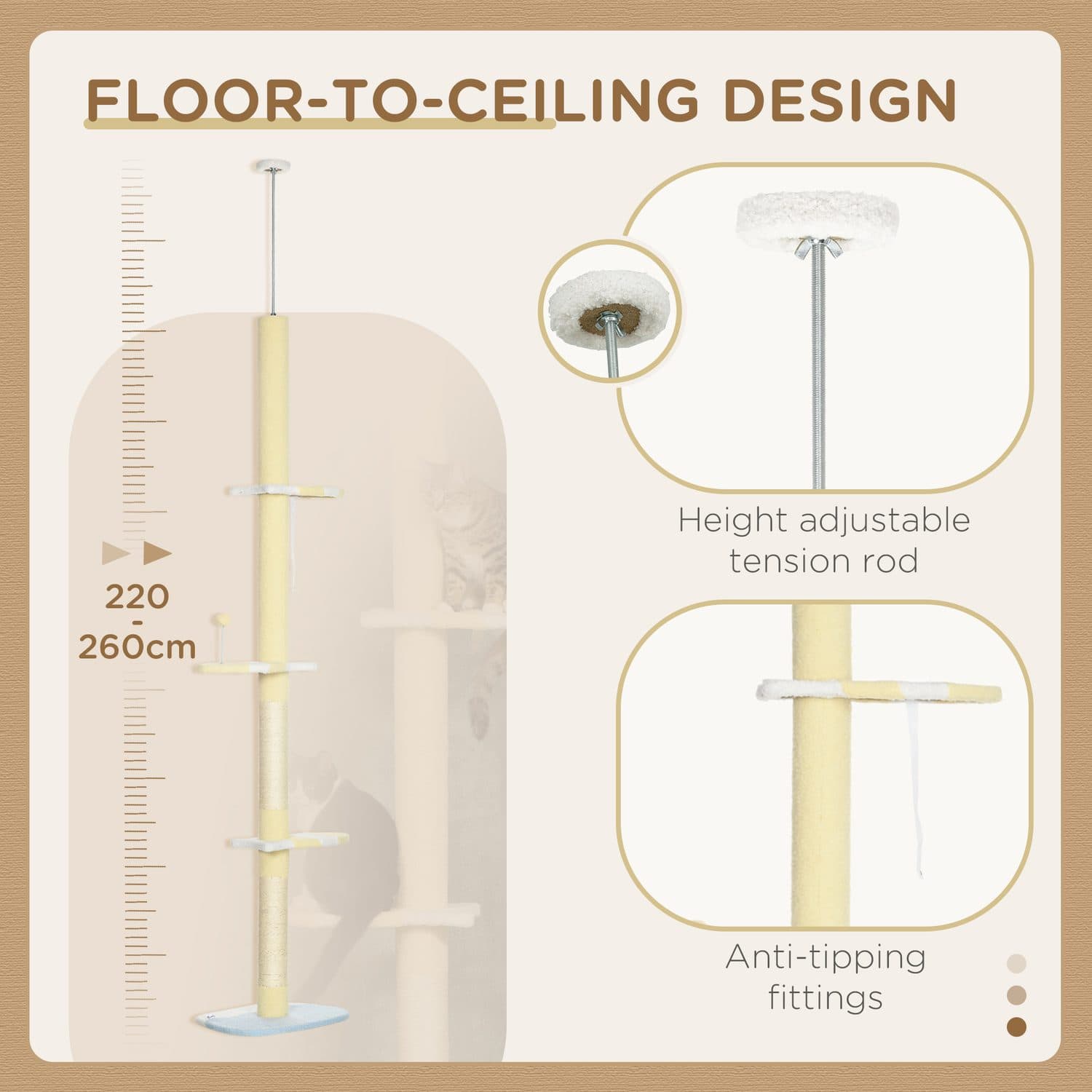 PawHut Adjustable Floor-to-Ceiling Cat Tree, 220-260cm - image 3