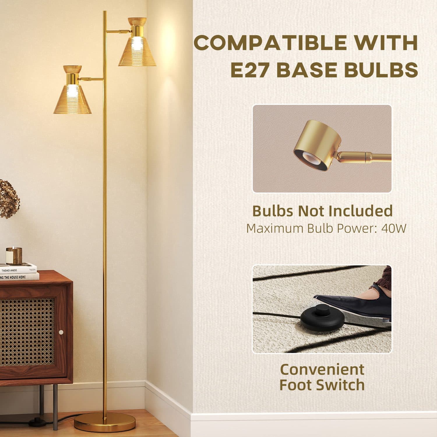 Gold dual head floor lamp with warm glass shades - image 4