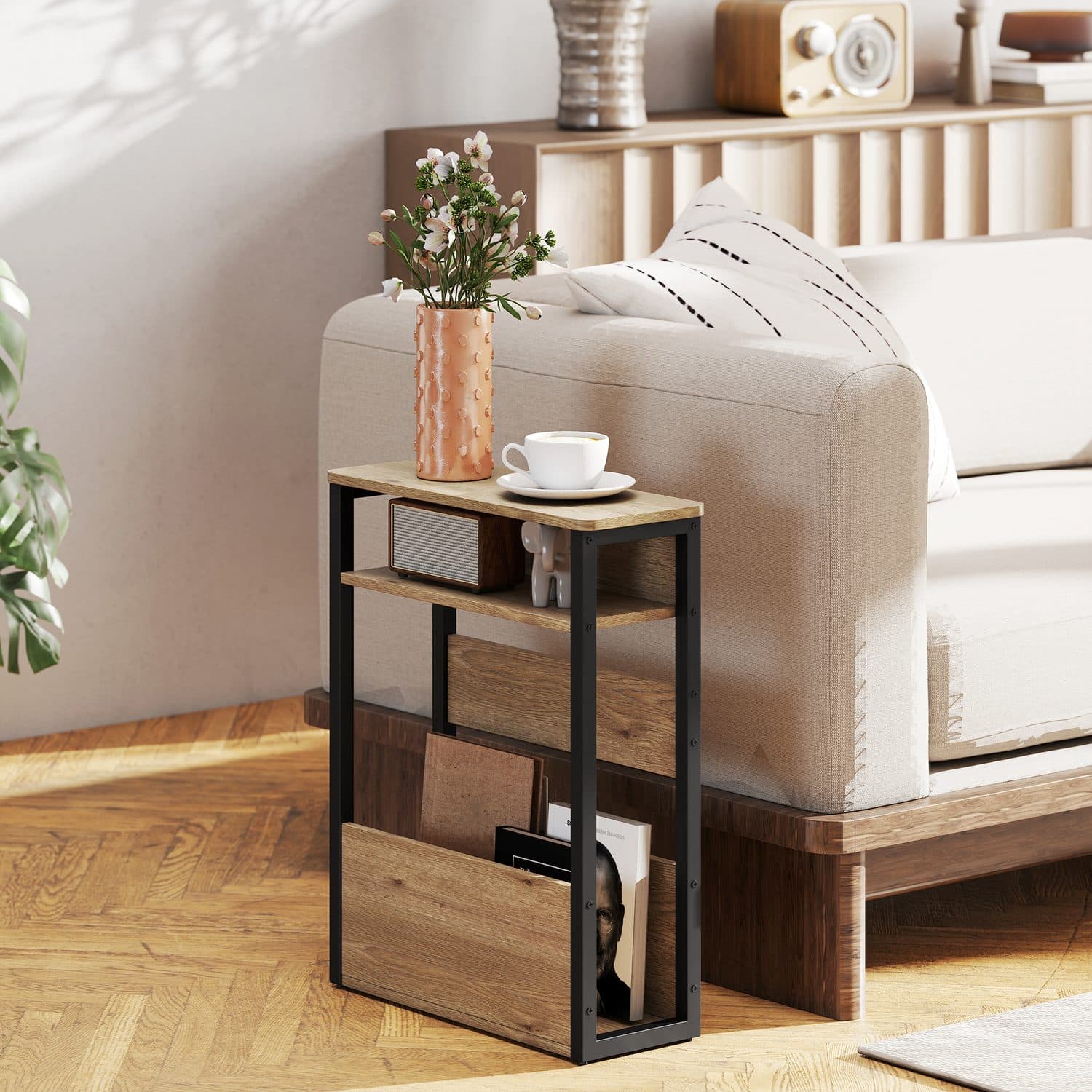 Industrial Side Table with Three Open Shelves, Black & Oak - image 3