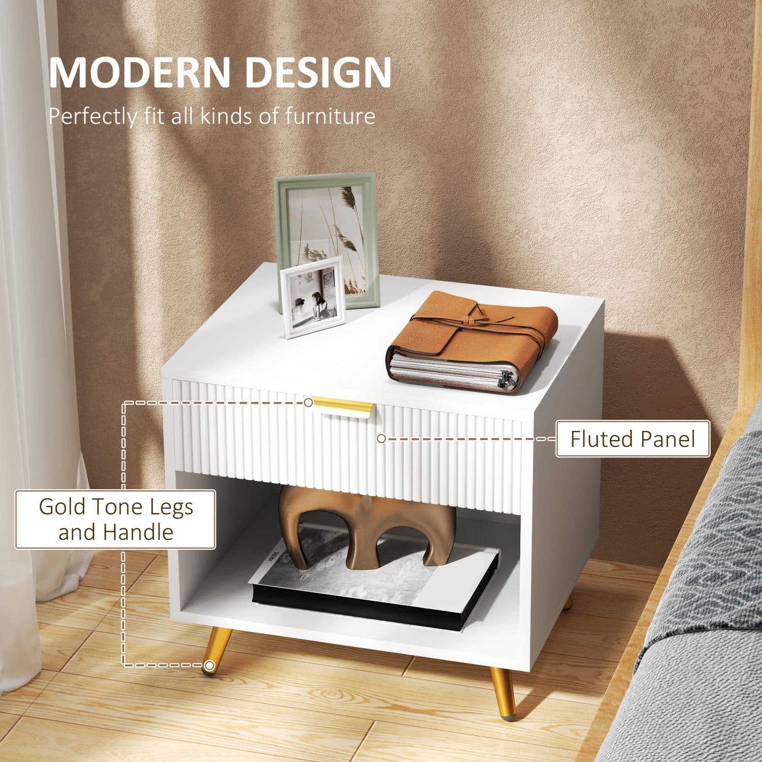 White Bedside Table with Drawer and Gold Tone Legs - image 2