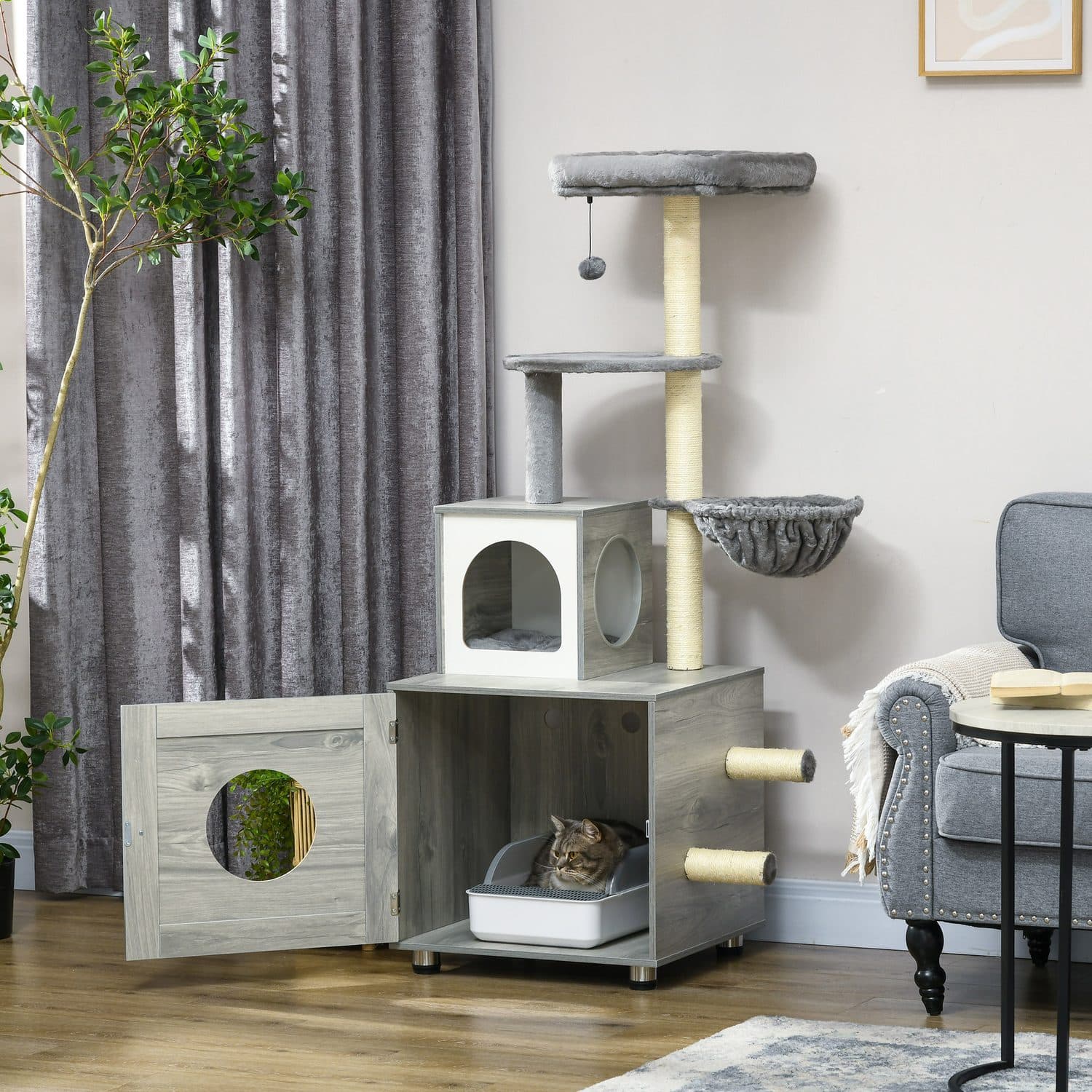 PawHut Cat Tree with Enclosed Litter Box, Grey - image 5