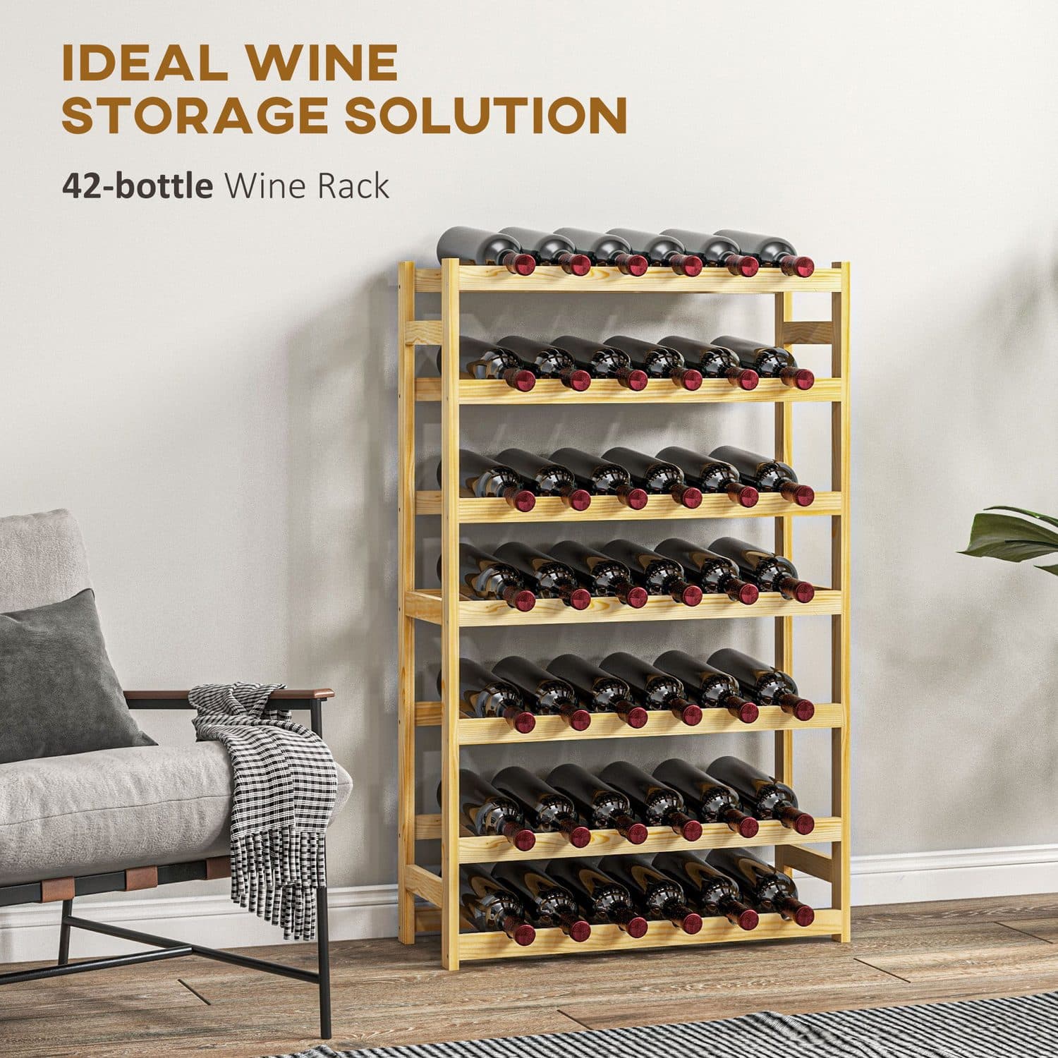 Slim 42-Bottle Pine Wine Rack - image 4