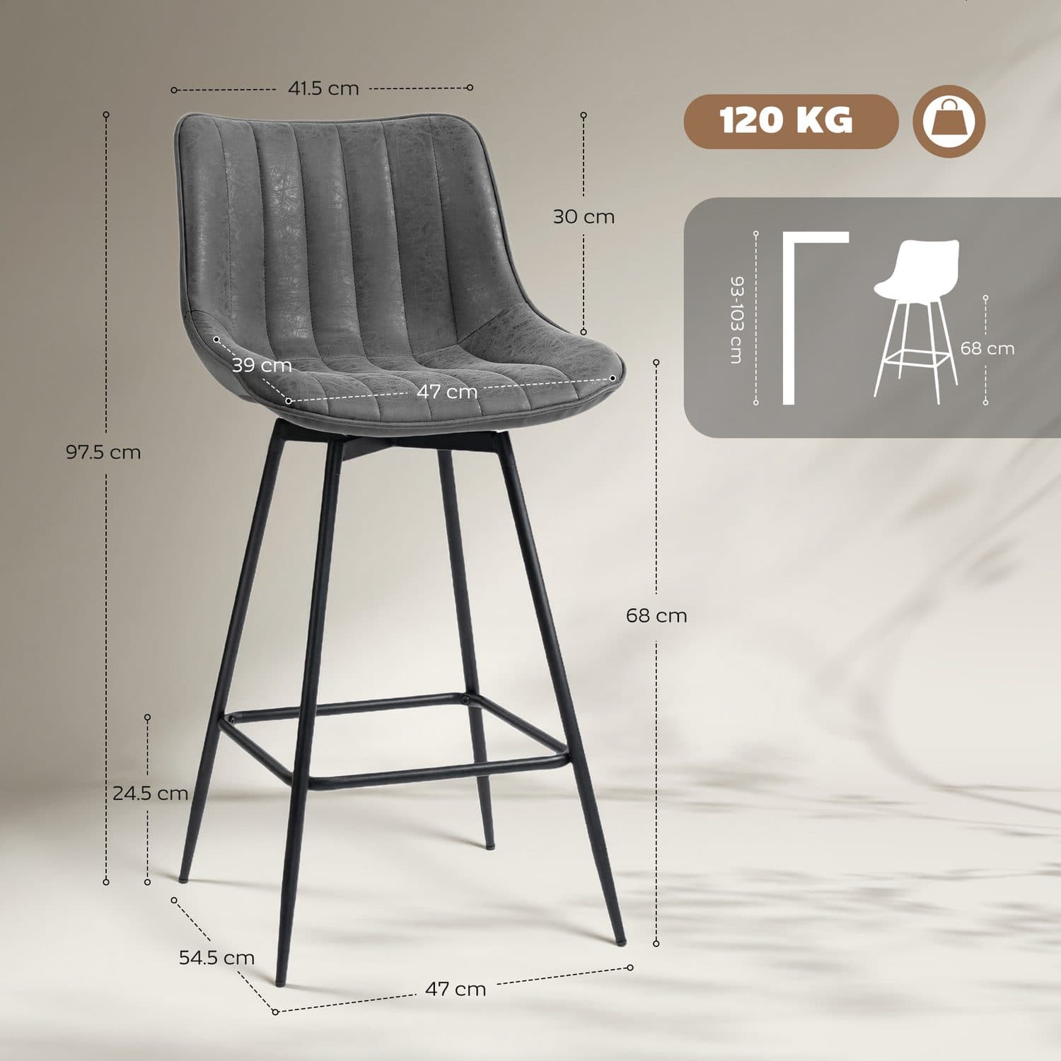 Swivel Bar Stools in Grey PU Leather — Set of Two - image 3