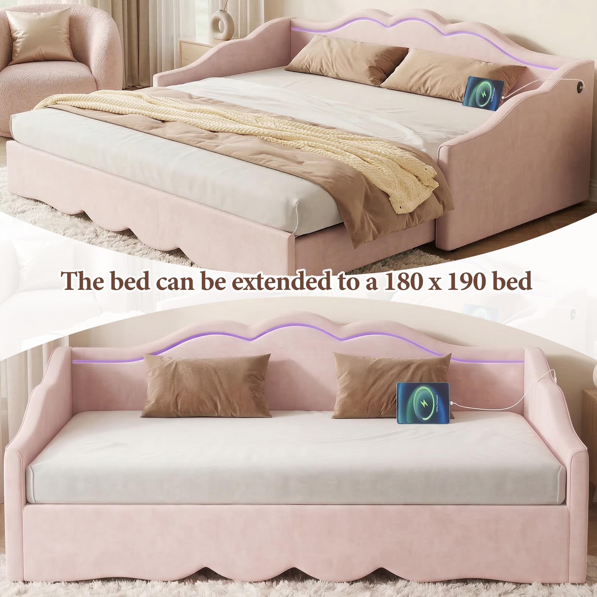 Extendable Pink Velvet Daybed - image 2