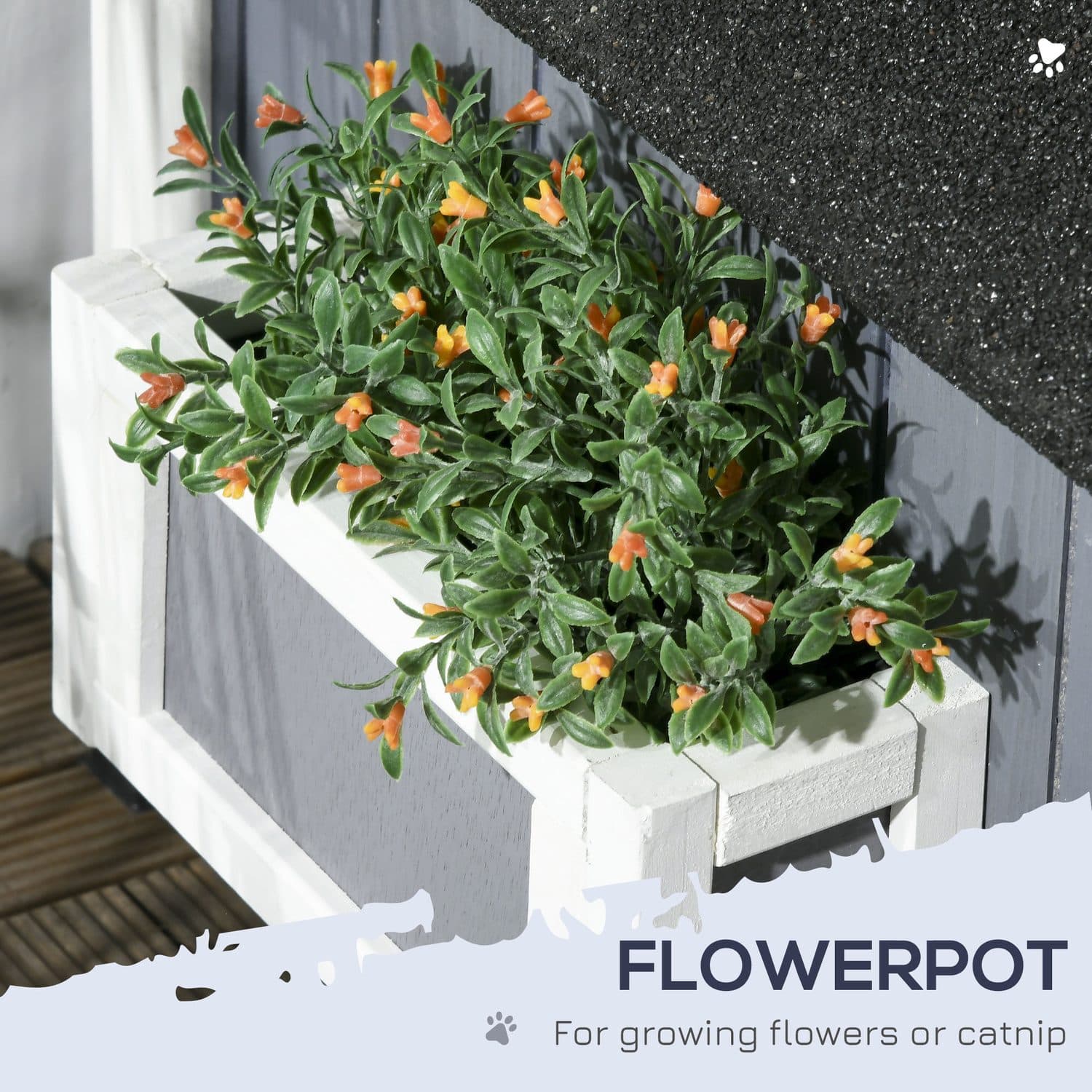 PawHut Wooden Cat House with Flower Pot and Windows, Grey - image 1