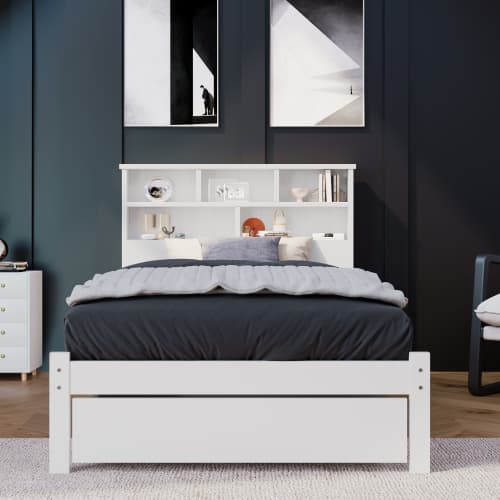 White Wooden Single Bed Frame with Storage Drawer & Shelves - image 6
