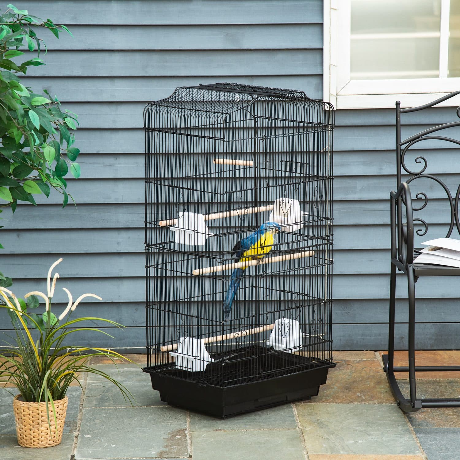 Tall Black Metal Bird Cage with Perches, Food Bowls and Swing - image 1