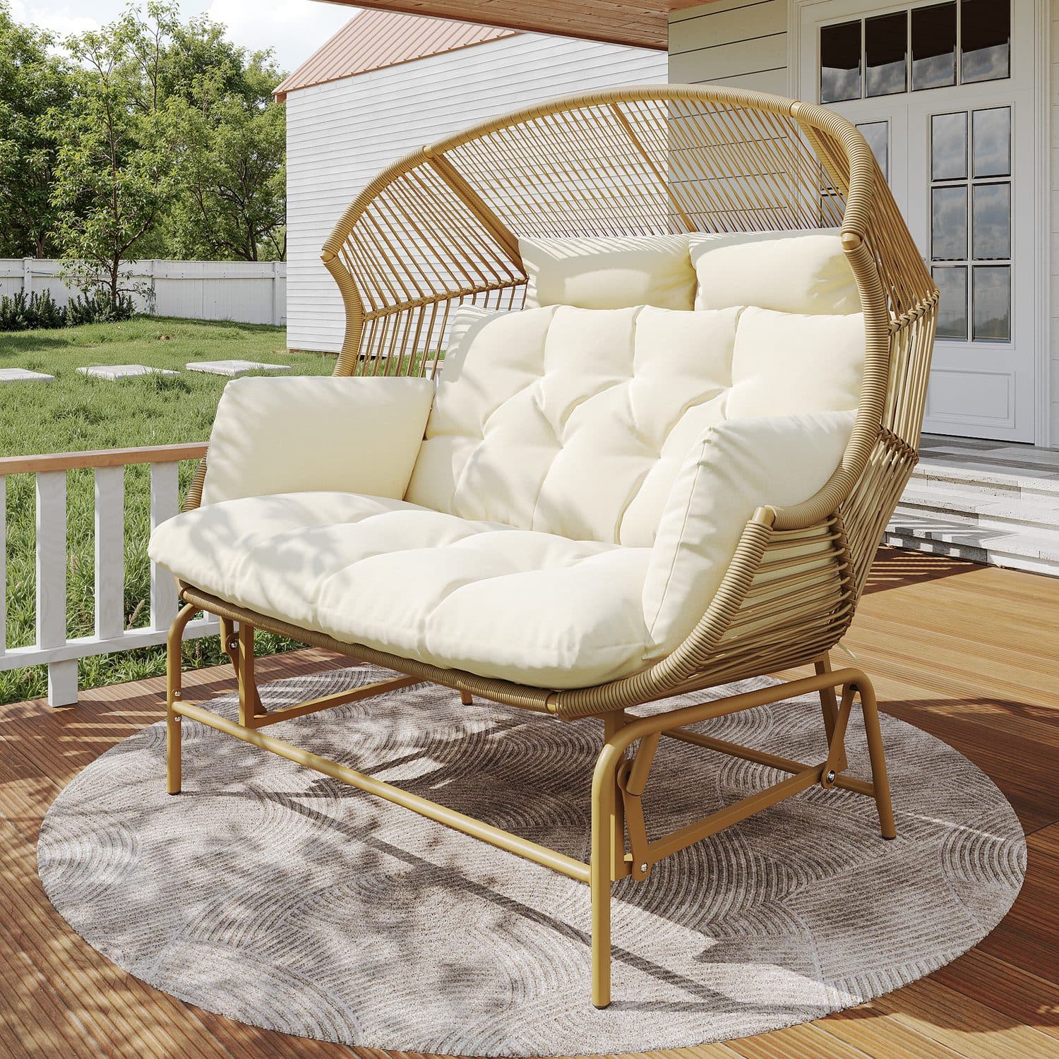 Two-Seater Outdoor Rocking Egg Chair with Plush Cushions - Beige