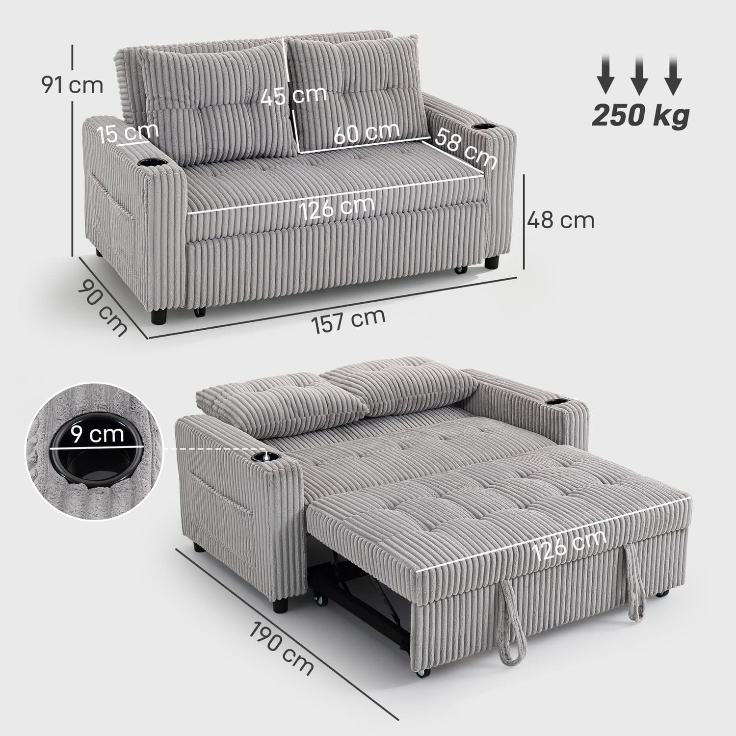 Light Grey Corduroy Sofa Bed - image 3