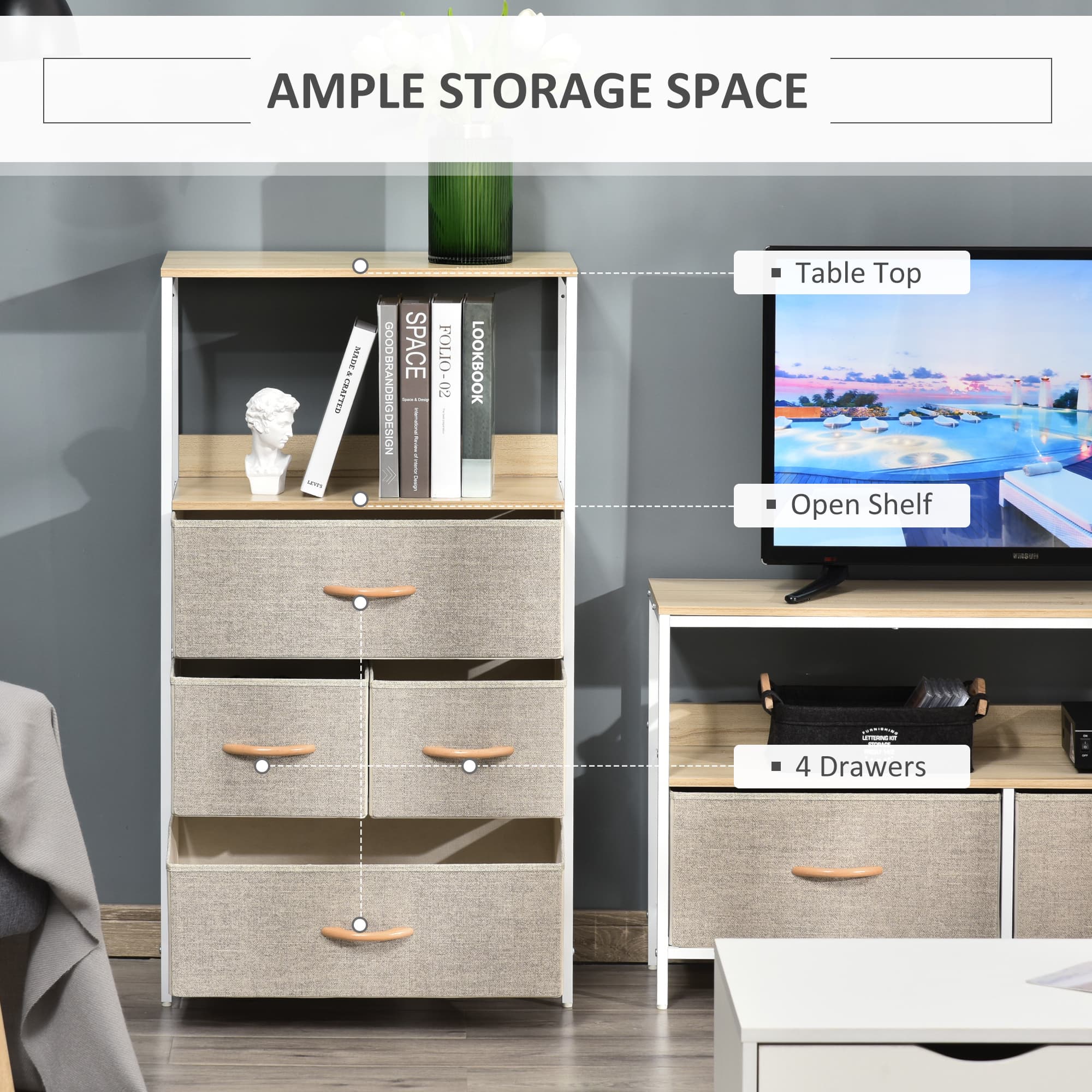 Metal-Framed Storage Unit with Fabric Drawers and Open Shelves - image 2