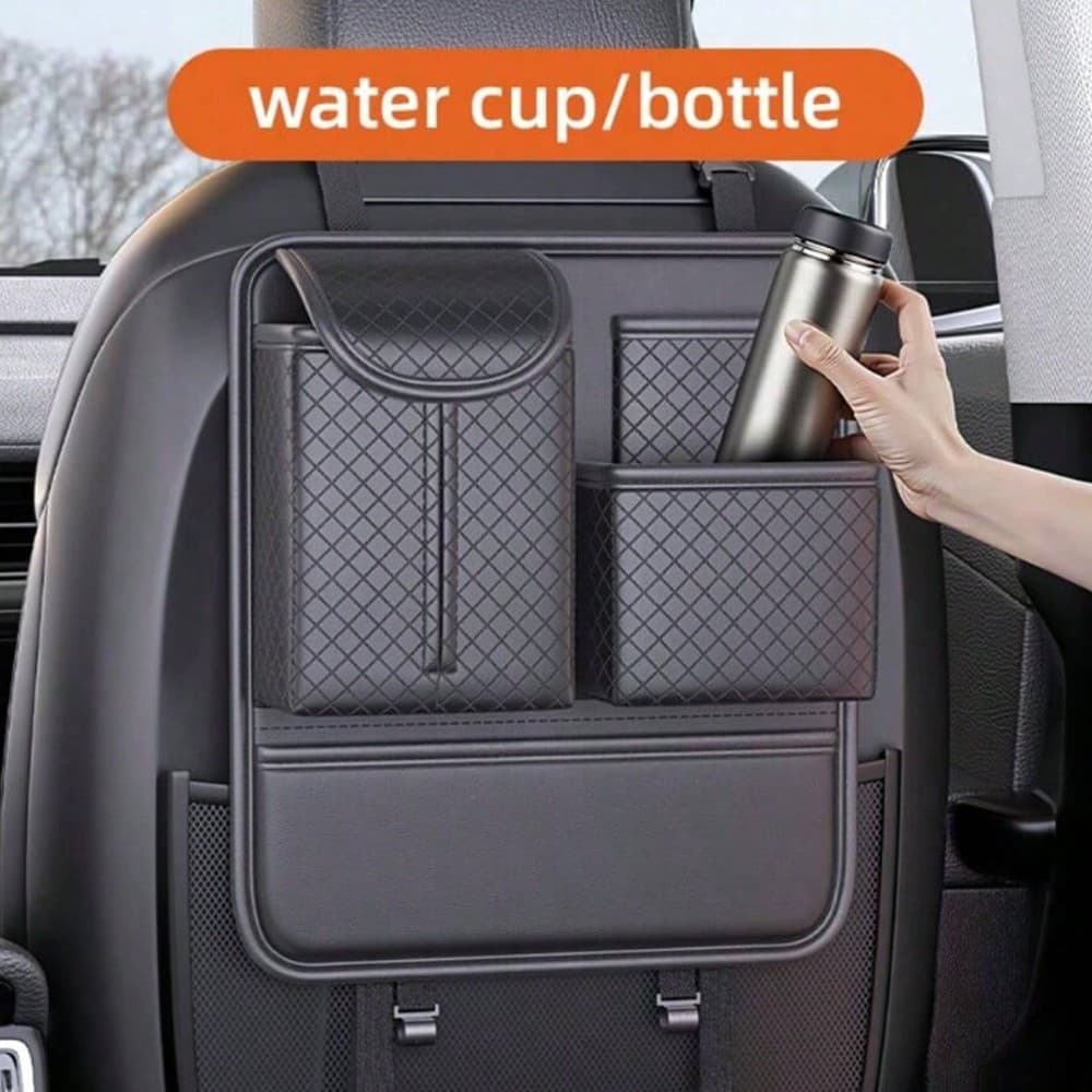 Black leather car back seat organiser with folding tray - image 4