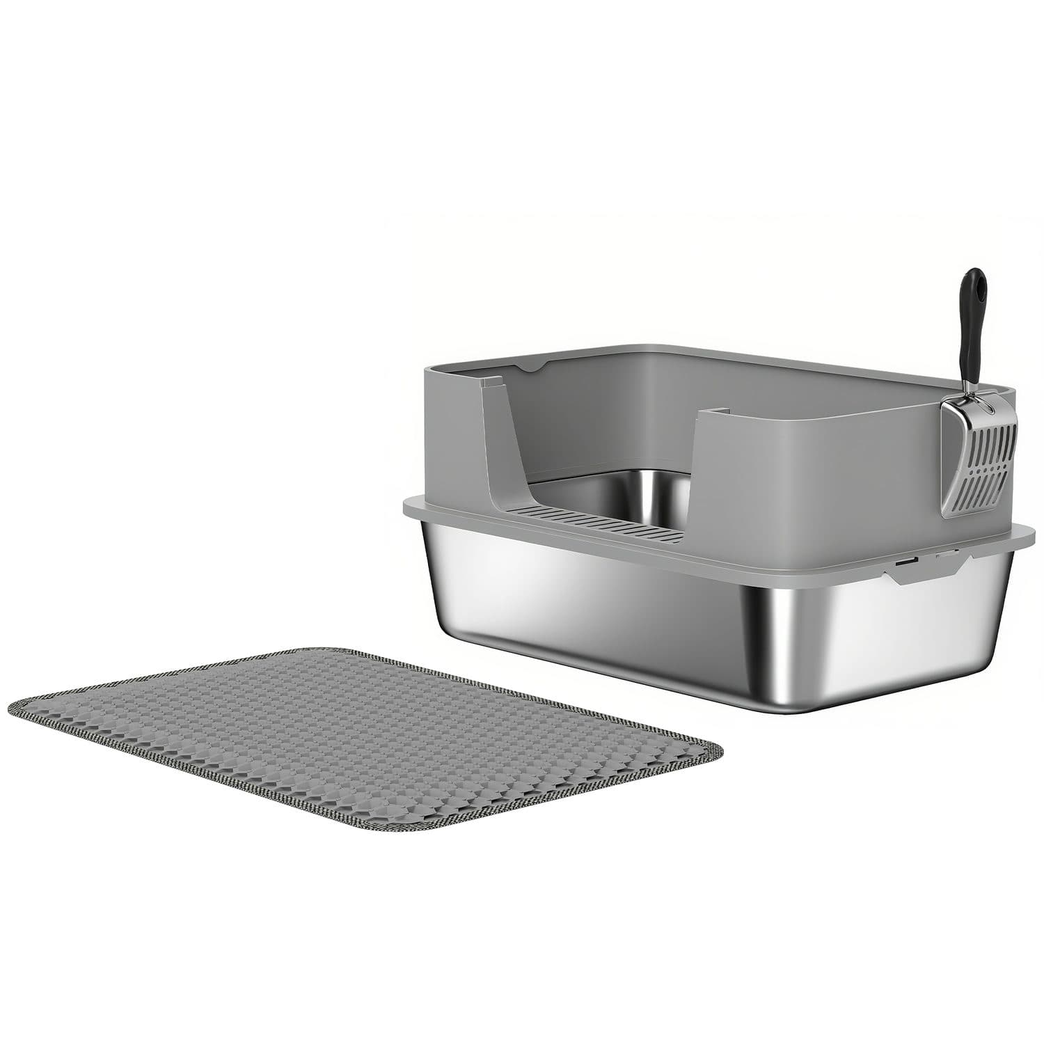 High-Sided Stainless Steel Litter Box with Mat and Scoop