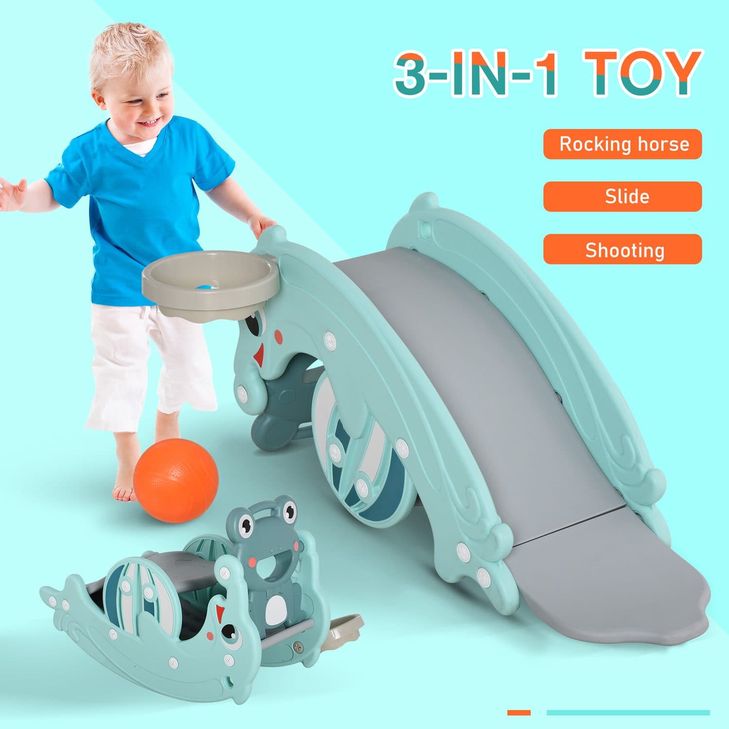 3-in-1 Baby Frog Rocking Toy With Slide and Basketball Hoop - image 5