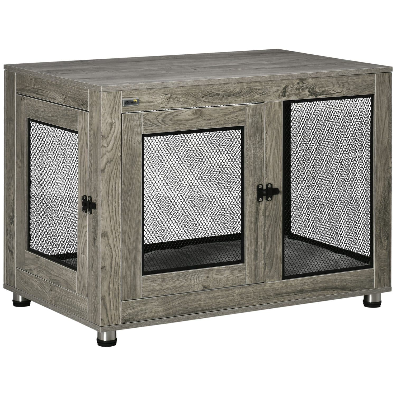 Dog Cage and Side Table in One, Double Door, Grey Wood Finish - Grey