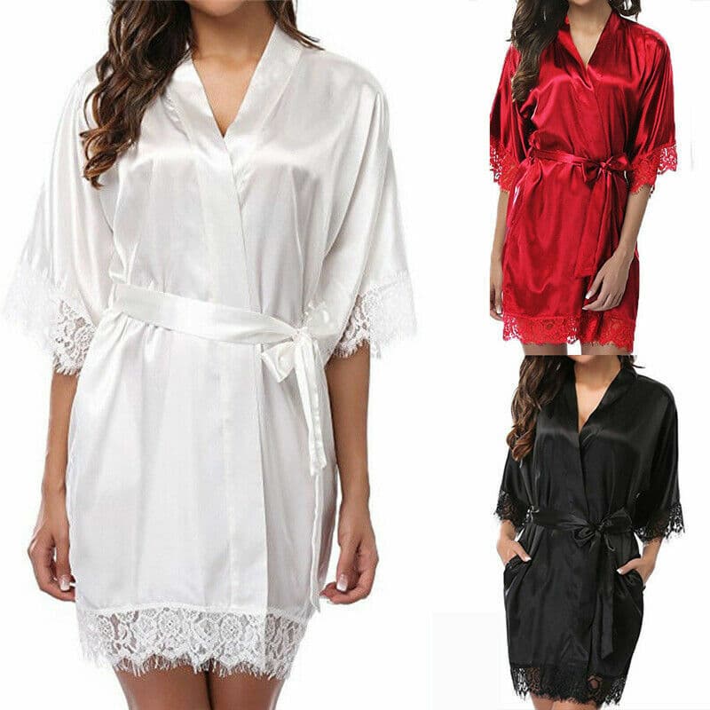 Satin Kimono Robe with Lace Cuffs in Deep Red - image 3