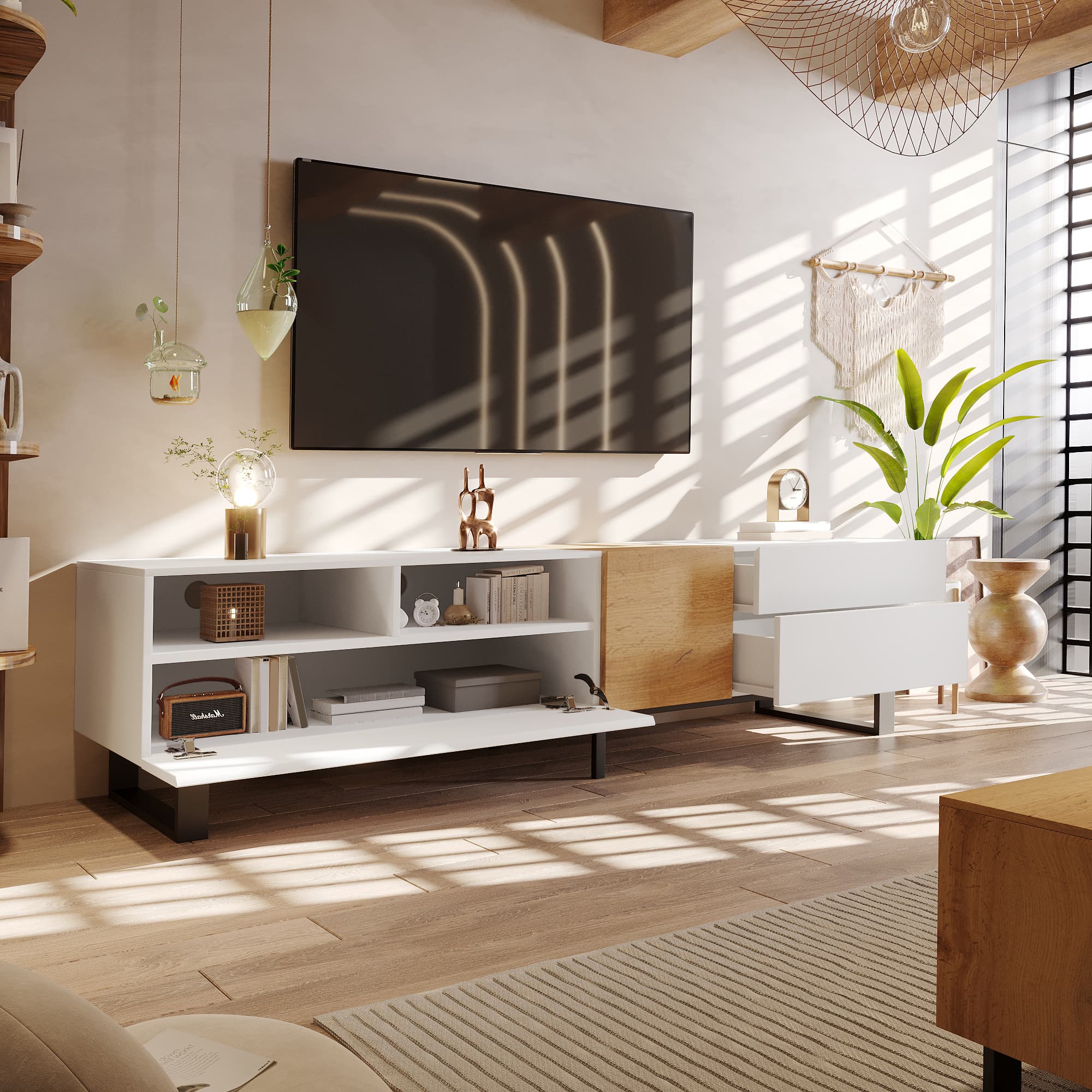 Modern TV Stand, White and Wood Effect Finish, 180cm - image 5