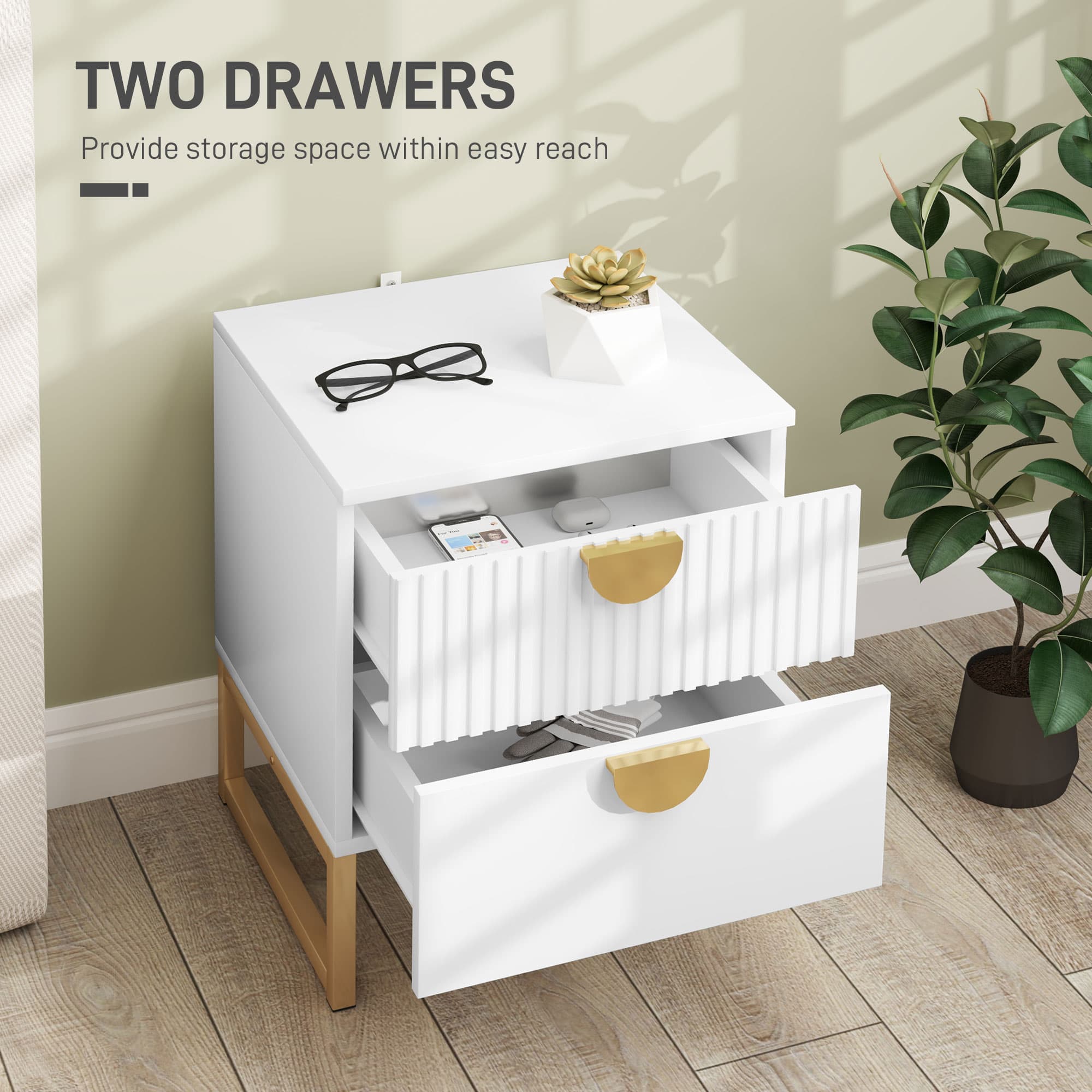 White Two-Drawer Bedside Table with Gold Handles - image 5