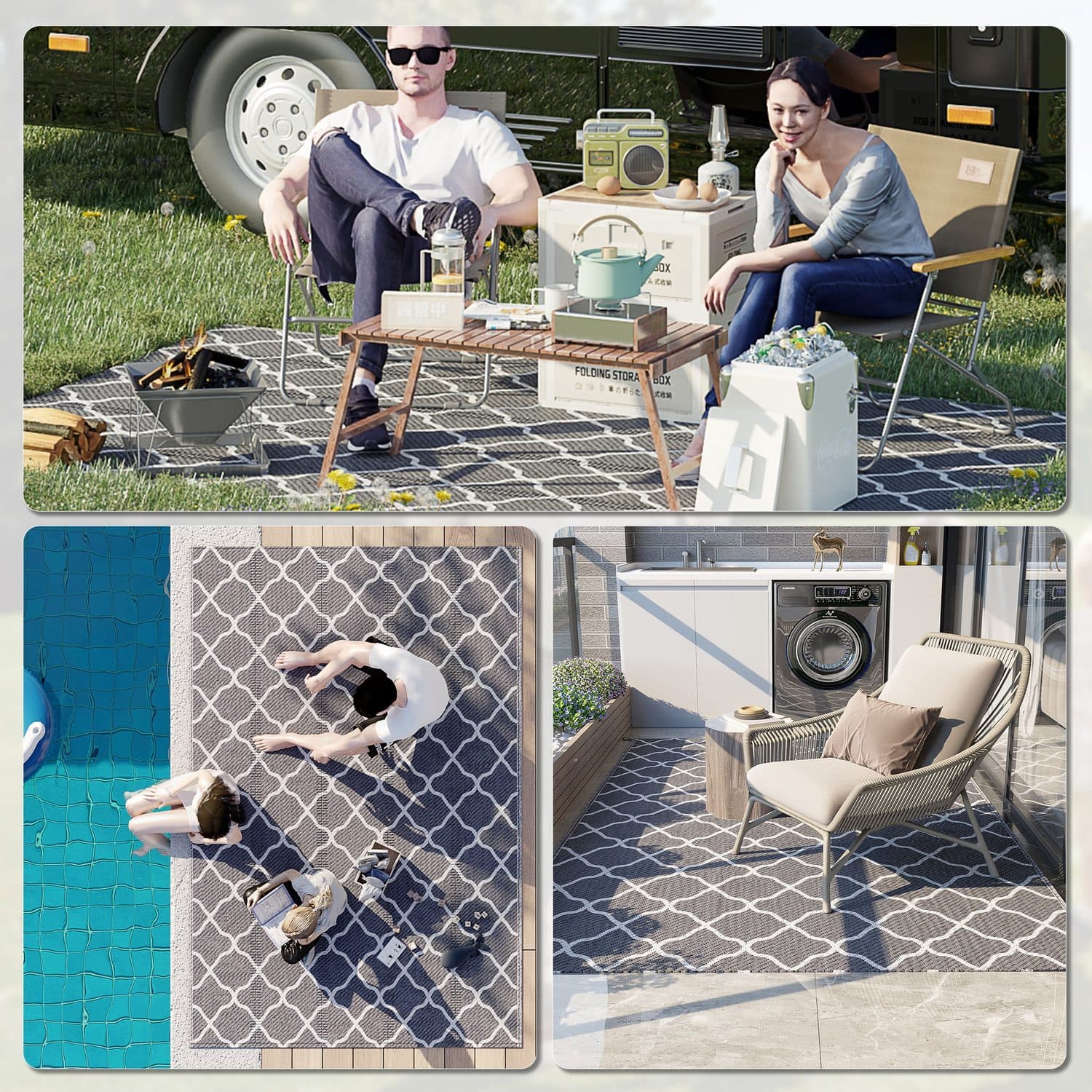 Reversible Outdoor Rug with Grey Moroccan Pattern, 182 x 274 cm - image 1