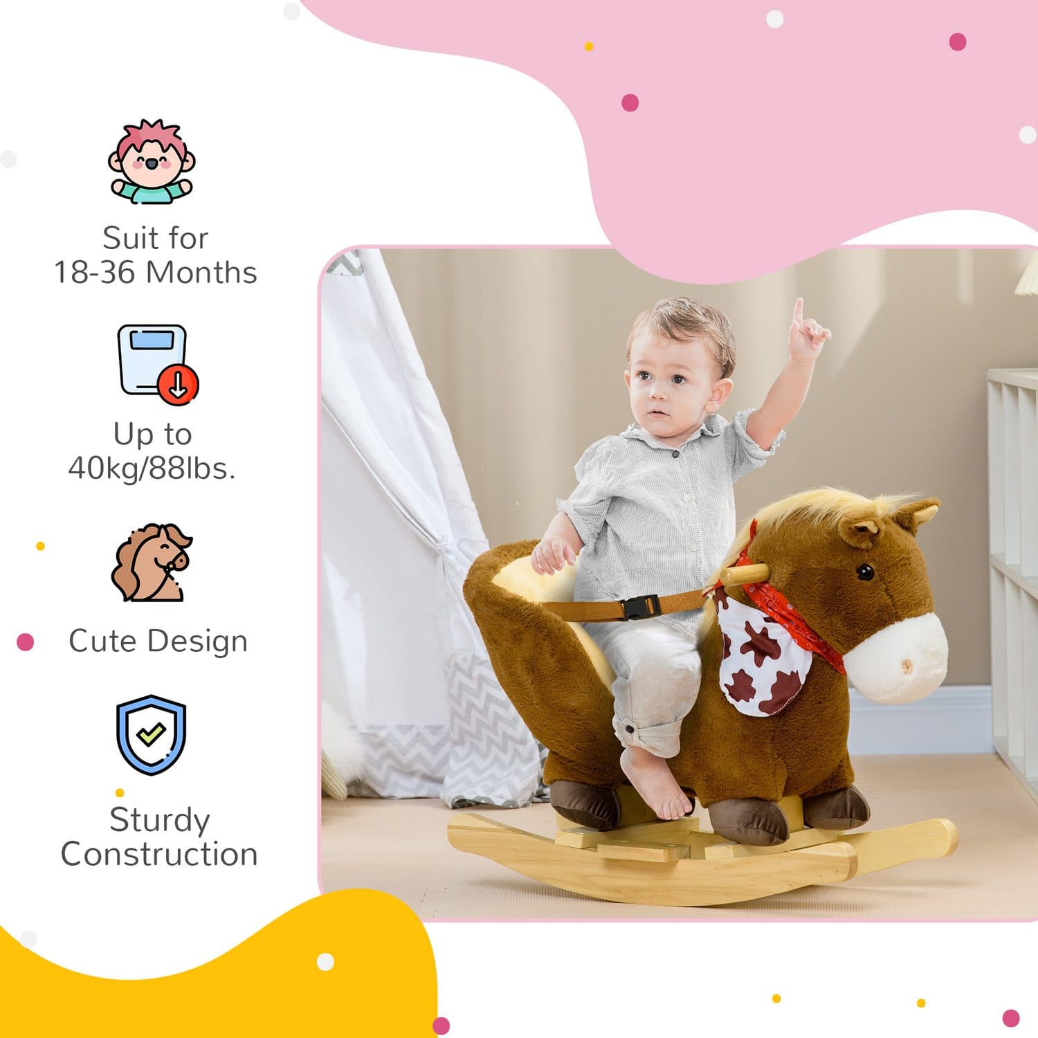 Brown Plush Rocking Horse with Harness, Foot Pedals and Sounds - image 4