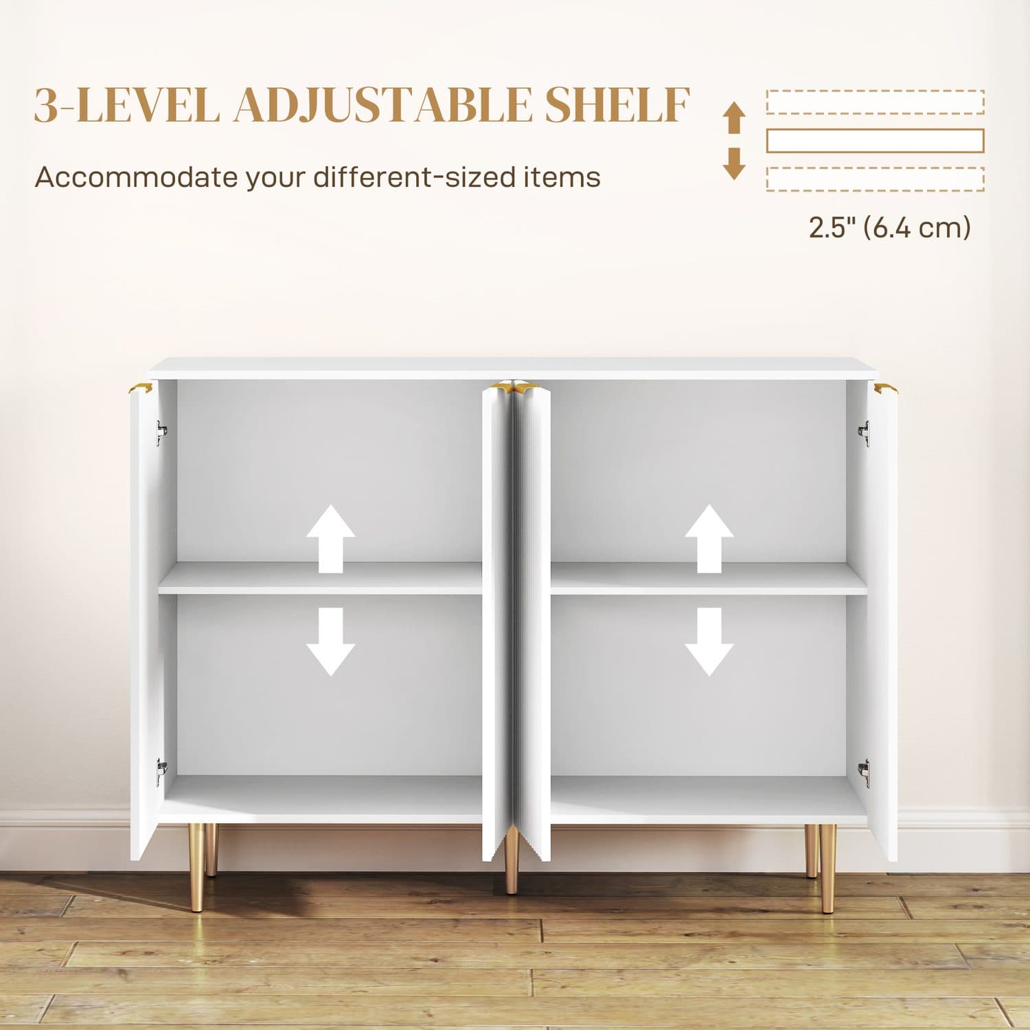 Ribbed 4-Door Sideboard with Gold Legs and Adjustable Shelves - image 3