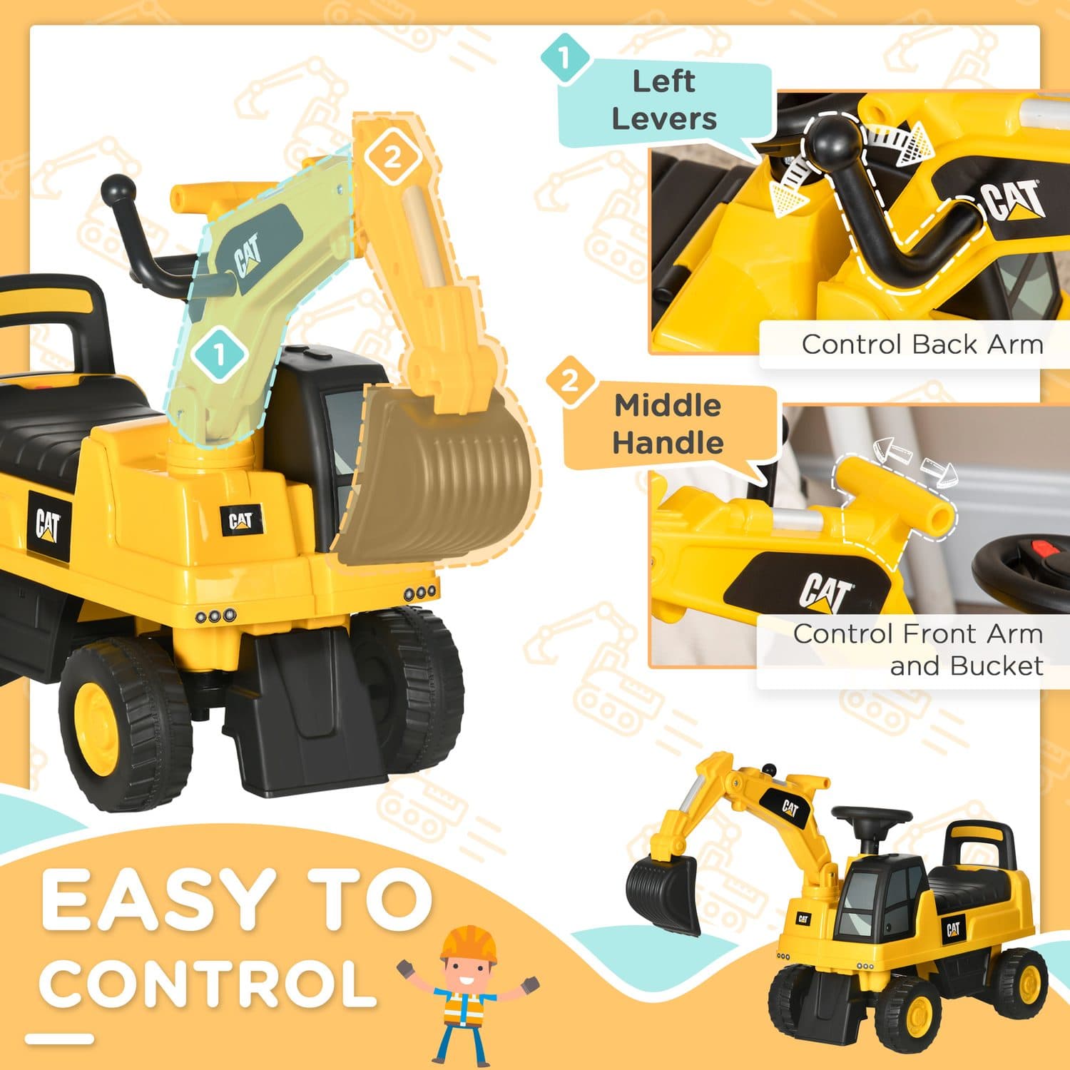 CAT Licensed Ride-On Digger for Toddlers With Manual Shovel Arm - image 3
