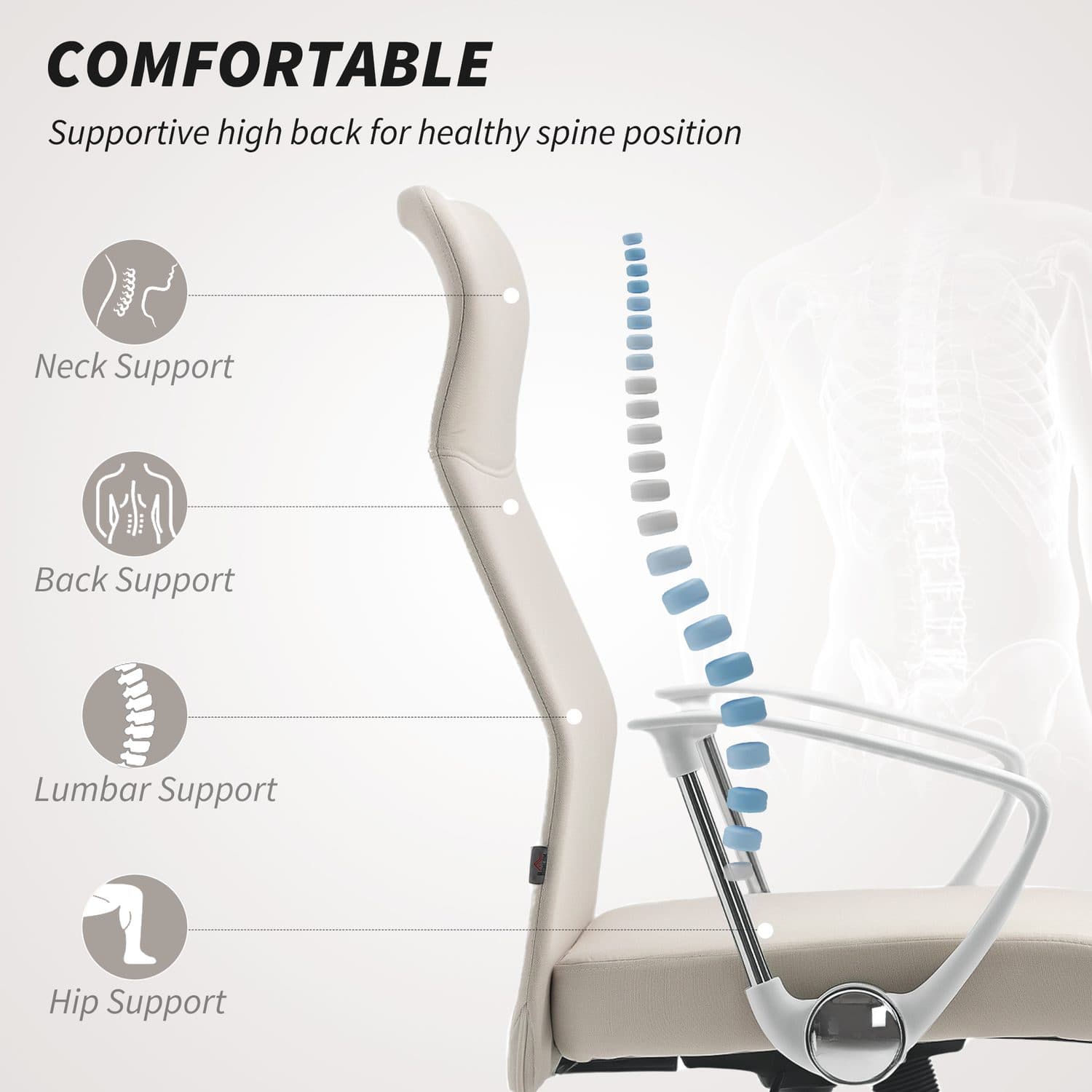 Cream White Fabric High Back Office Chair for All-Day Comfort - image 3