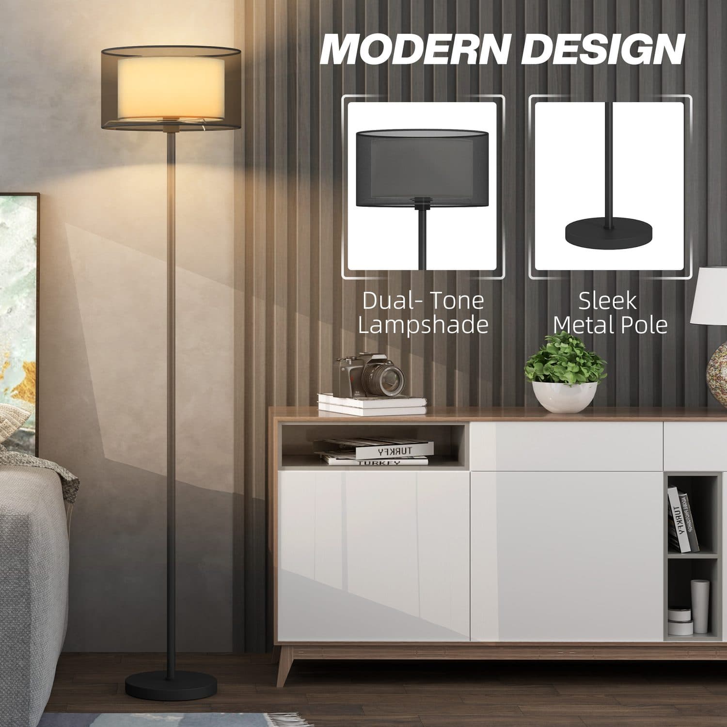 Black Standing Floor Lamp with Double-Layer Drum Shade - image 2