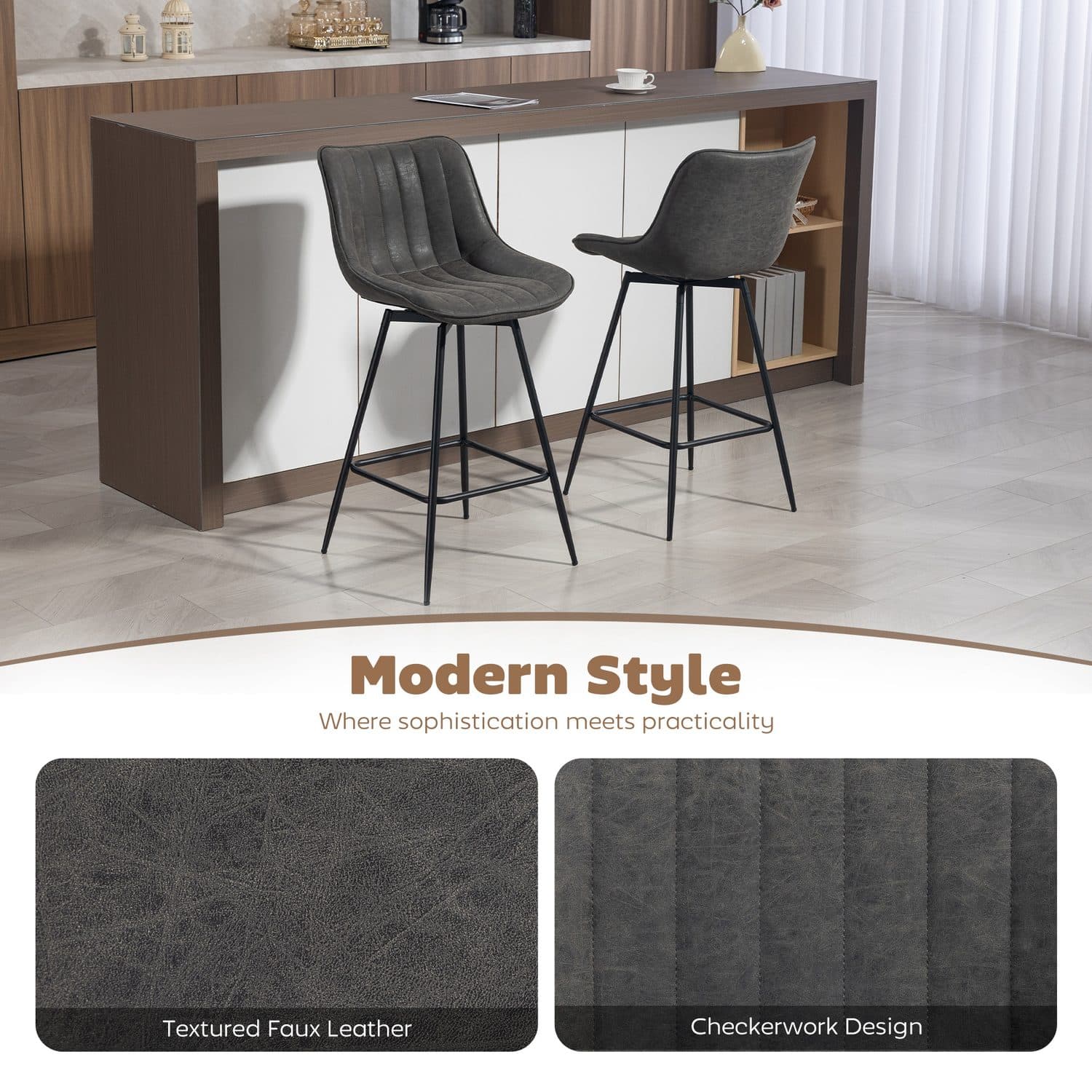 Swivel Bar Stools in Grey PU Leather — Set of Two - image 1