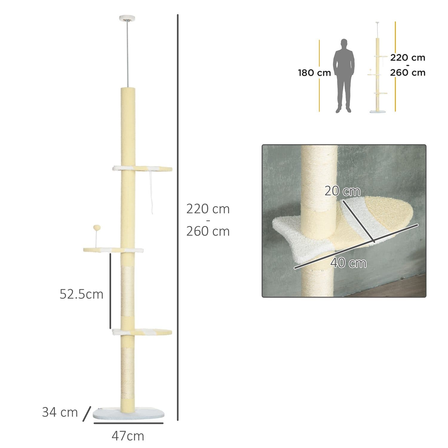 PawHut Adjustable Floor-to-Ceiling Cat Tree, 220-260cm - image 4