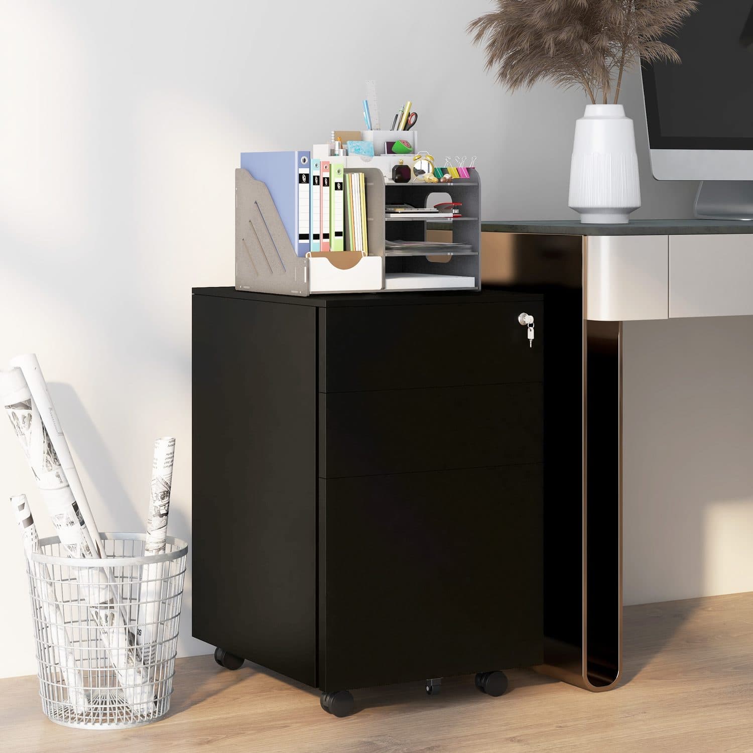 Mobile Steel Filing Cabinet — 3 Drawers, Lock, 5 Wheels - image 3